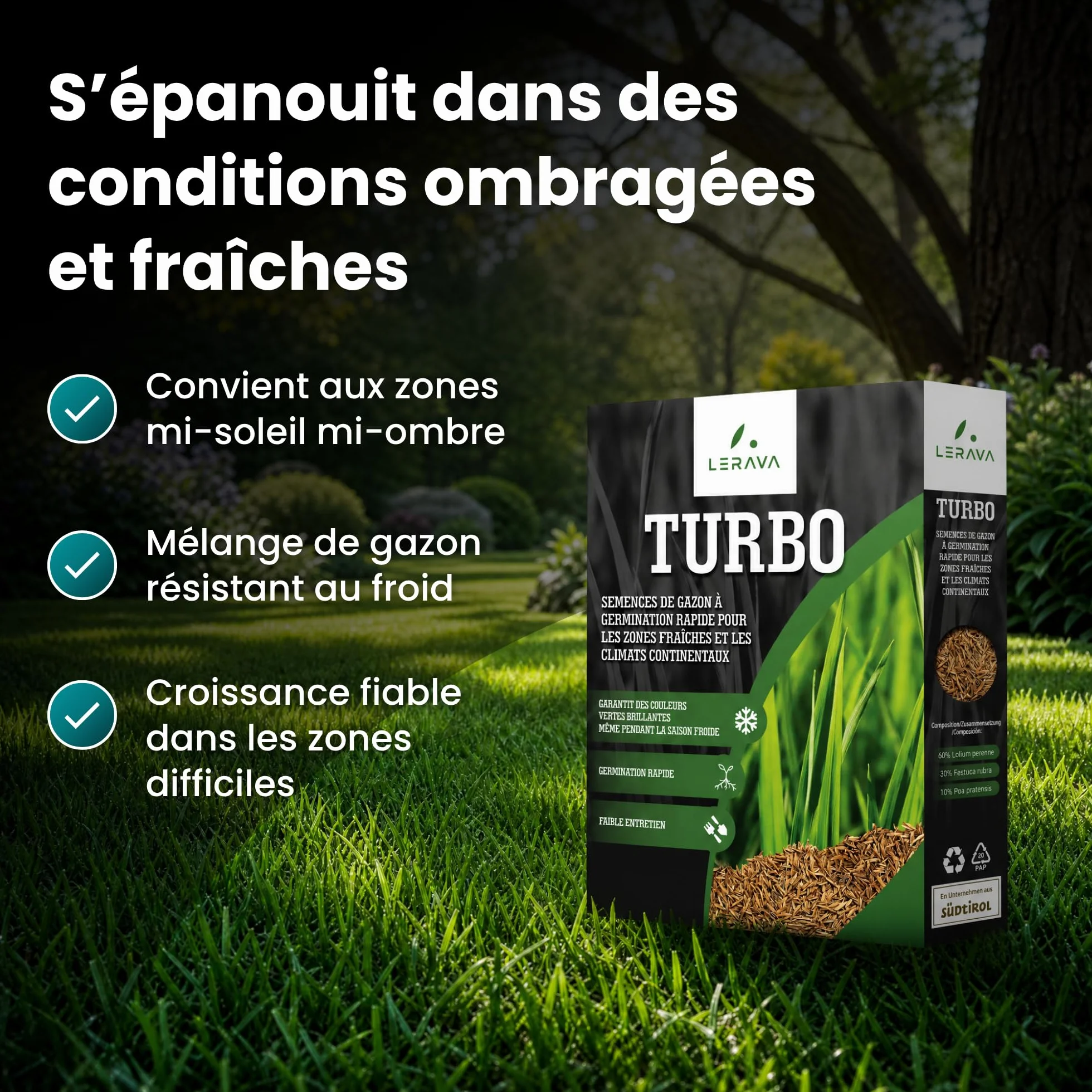LERAVA Turbo gazon à semer pousse rapide 10m² pelouse ombre zones fraîches 98% pureté rustique vert vif semence résistante