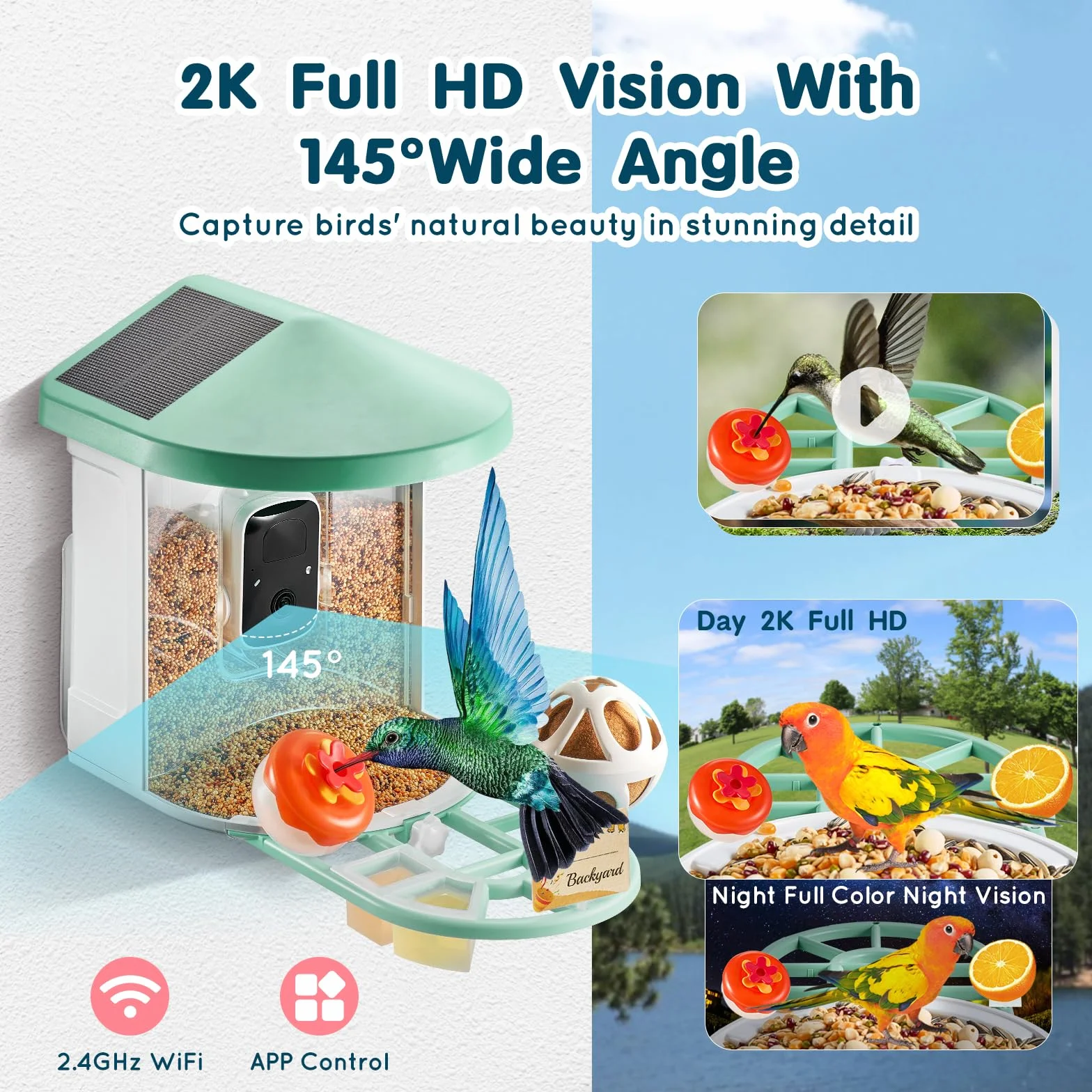 VEVOR Mangeoire Oiseaux Caméra Intelligente 2K HD AI Identifie 10000 Espèces 3 Panneaux Solaires Capture Auto Notification Extérieure Vert