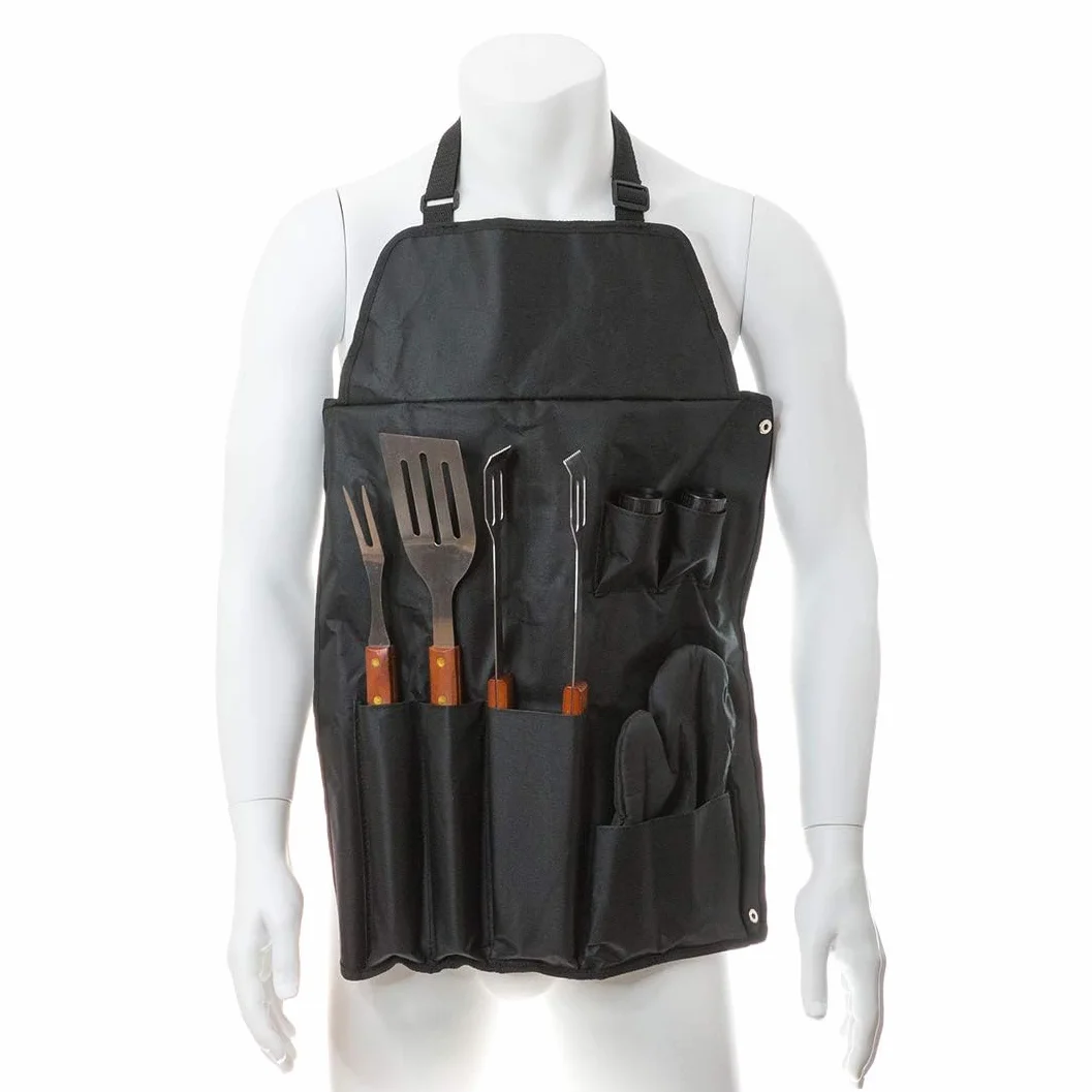 Set Barbecue Professionnel 7 Ustensiles Acier Inoxydable Kit Accessoires Grille Gant Matelassé Noir