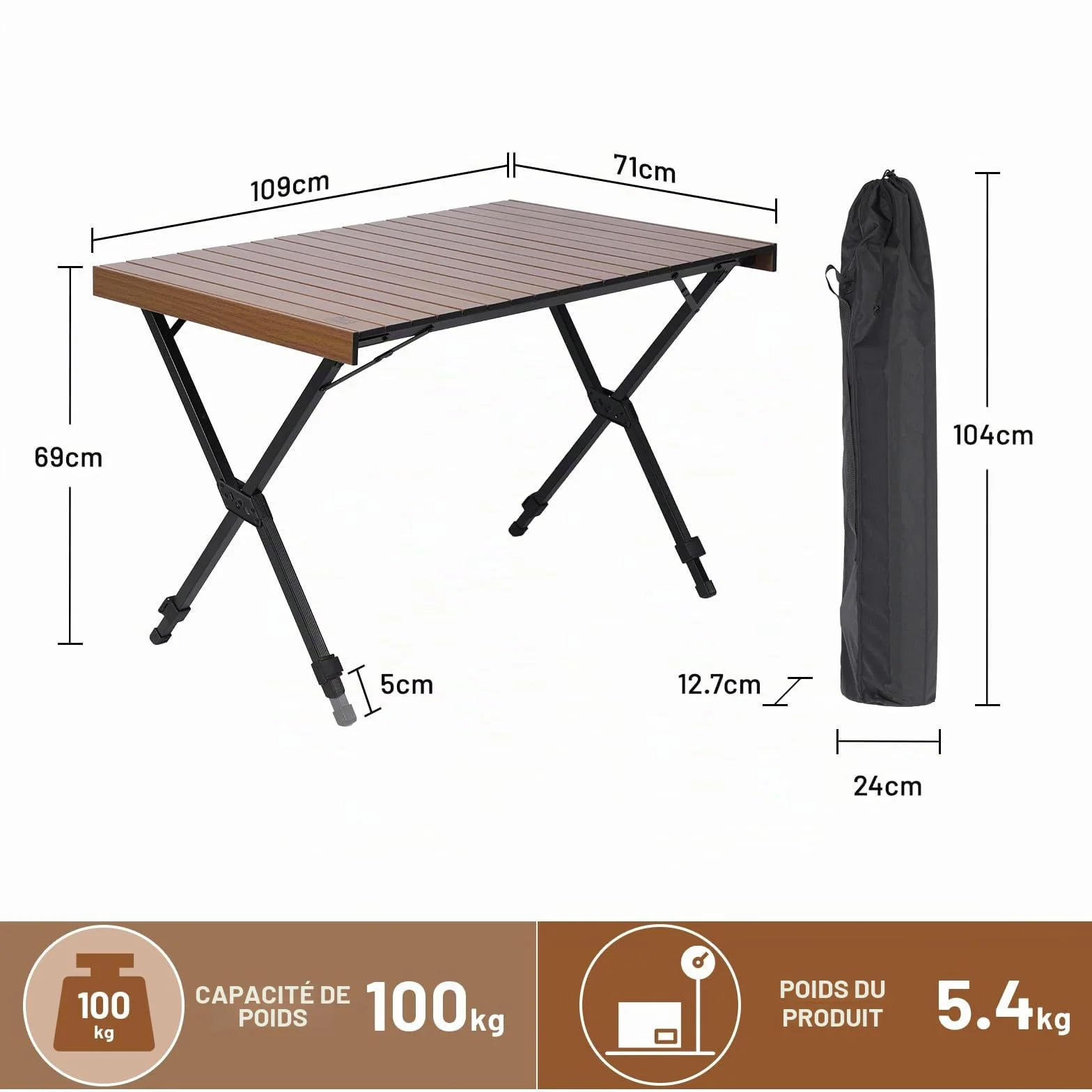 TIMBER RIDGE Table Pliante Camping 4-6 Personnes Hauteur Réglable Plateau Aluminium Support 100 kg, Marron