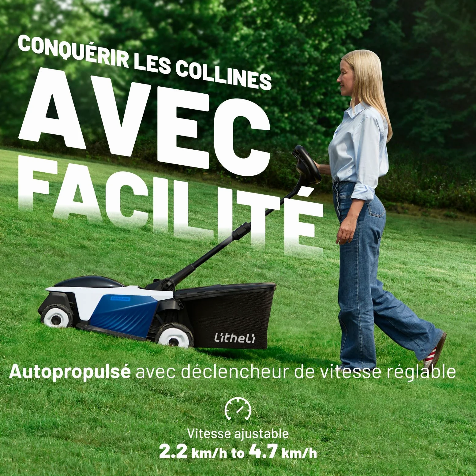 Litheli Easysurge Tondeuse à Gazon sans Fil 43cm, 2X 20V Batteries 4.0Ah, Autotractée (2,2-4,7 km/h), Bac 50L, 25-75 mm Hauteur Réglable, pour Pelouses jusqu'à 500m²