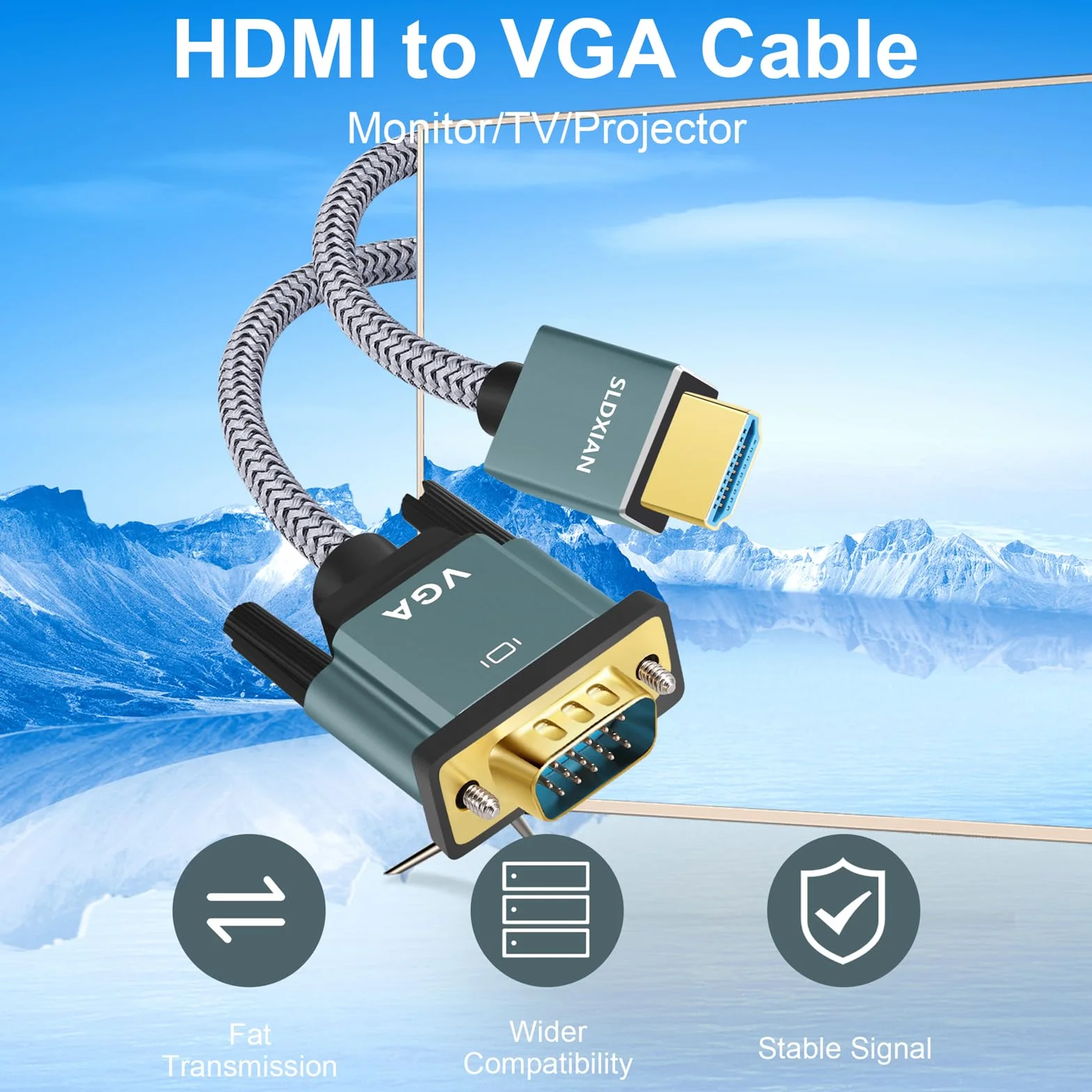Câble adaptateur HDMI vers VGA 1080p mâle-mâle, alliage d'aluminium, plaqué or, tressé nylon 1M pour PC moniteur projecteur HDTV