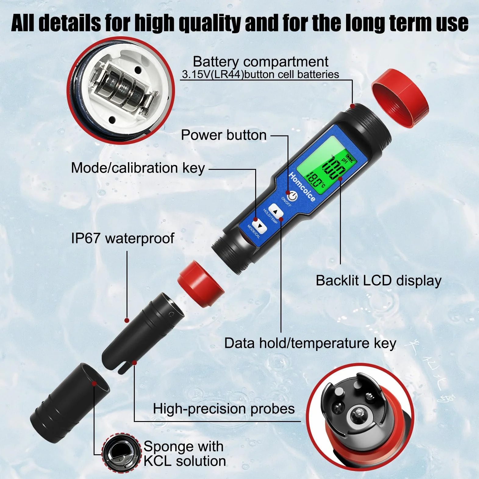 pH Chlore Mètre Piscine 7-en-1, Testeur PH Chlore Salinité ORP TDS EC Température, Tester Qualité Eau de haute précision avec fonction ATC pour piscines, eau potable, aquarium, hydroponie