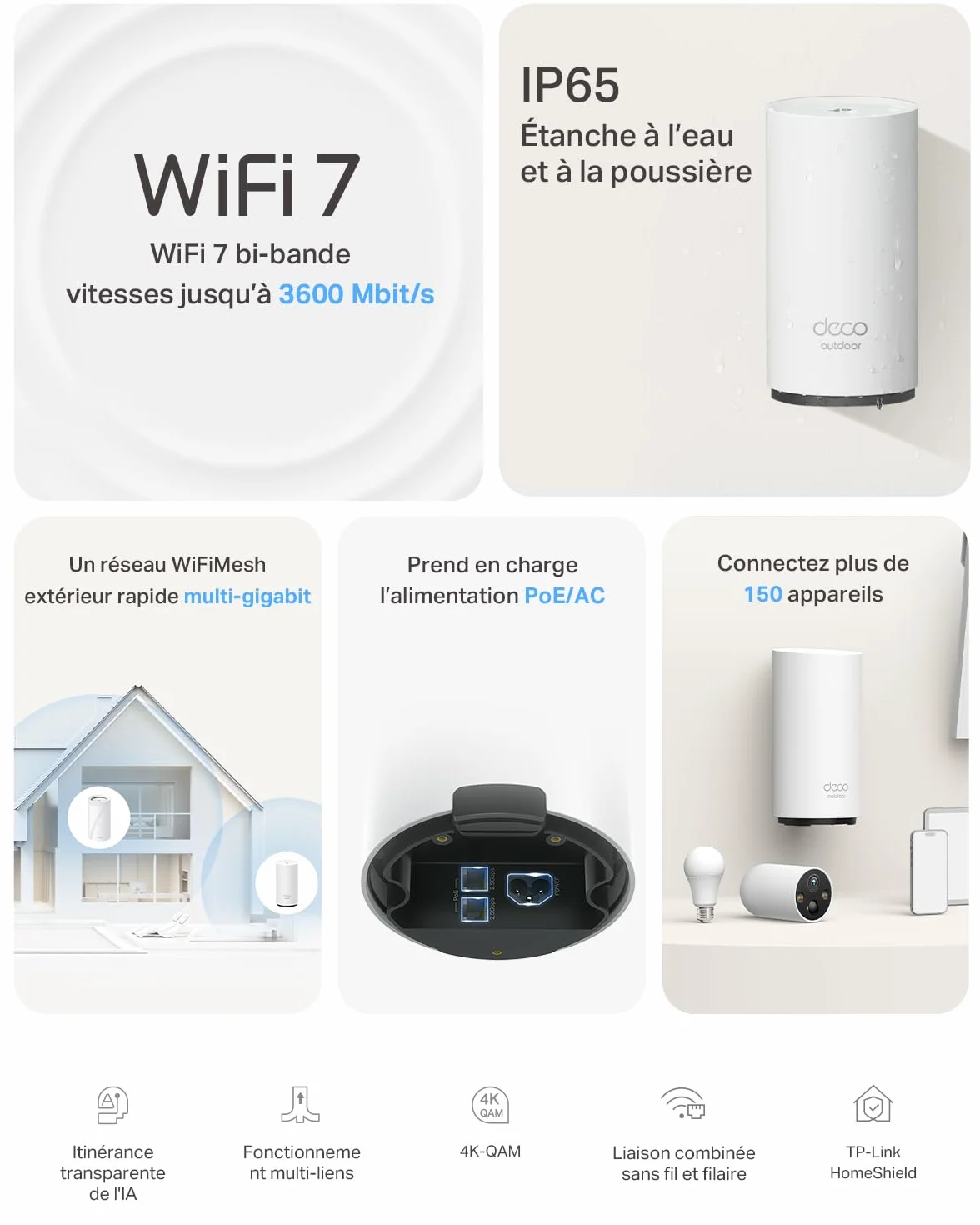 TP-Link Deco BE25-Outdoor Routeur WiFi 7 Mesh BE3600, Répéteur Extérieur/Intérieur, Double Bande, 2×2,5G, IP65, PoE/AC