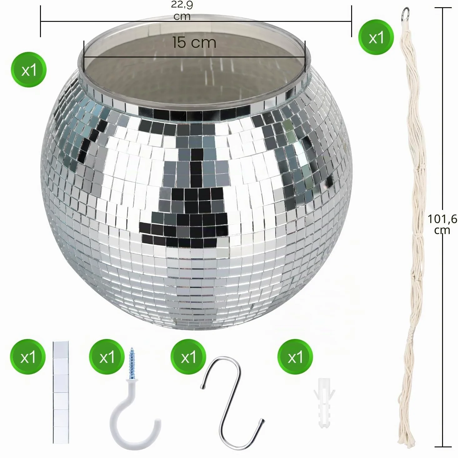 Pot de fleurs boule disco argenté de 22,9 cm avec corde de suspension, crochet | Pour la décoration