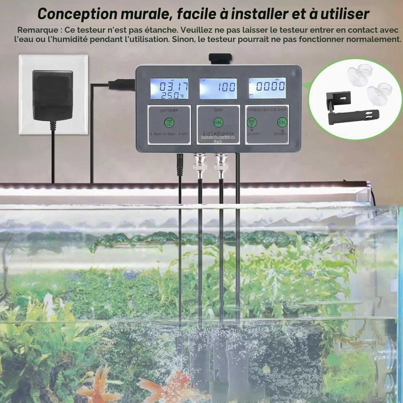 Testeur de Qualité de l'eau, 8 en 1 Testeur S.G Ph EC Salt Orp Tds CF Temp, Portable Kit d'analyse de l'eau pour l'eau Potable, Les piscines, Aquariums, Détecteur Hydroponique