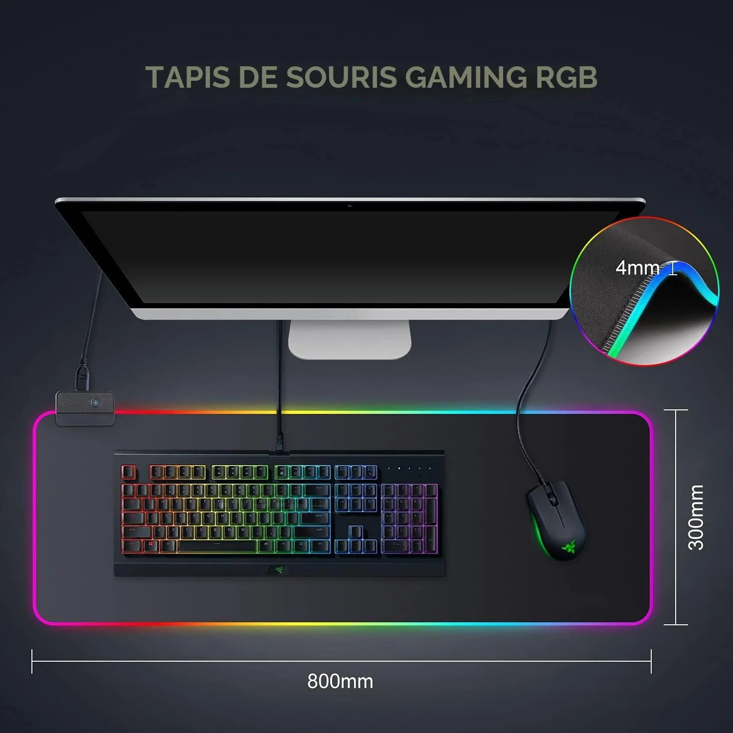 Tapis de Souris Gaming RGB XXL 800 x 300 mm, 14 Effets LED, Étanche, Antidérapant