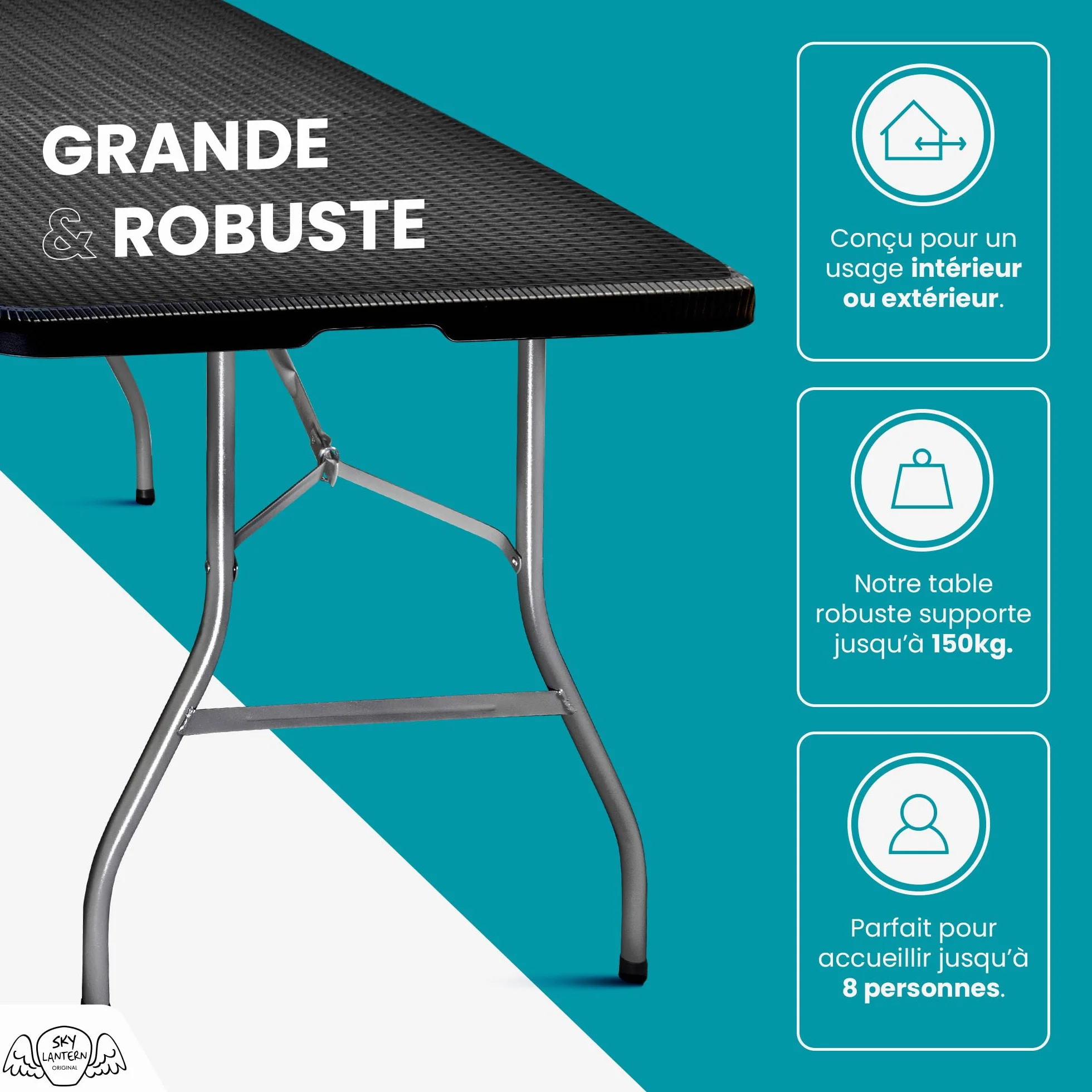 Table Pliante Rectangulaire 180 cm 6/8 Personnes HDPE 3,5 cm Pied Acier Jardin Camping