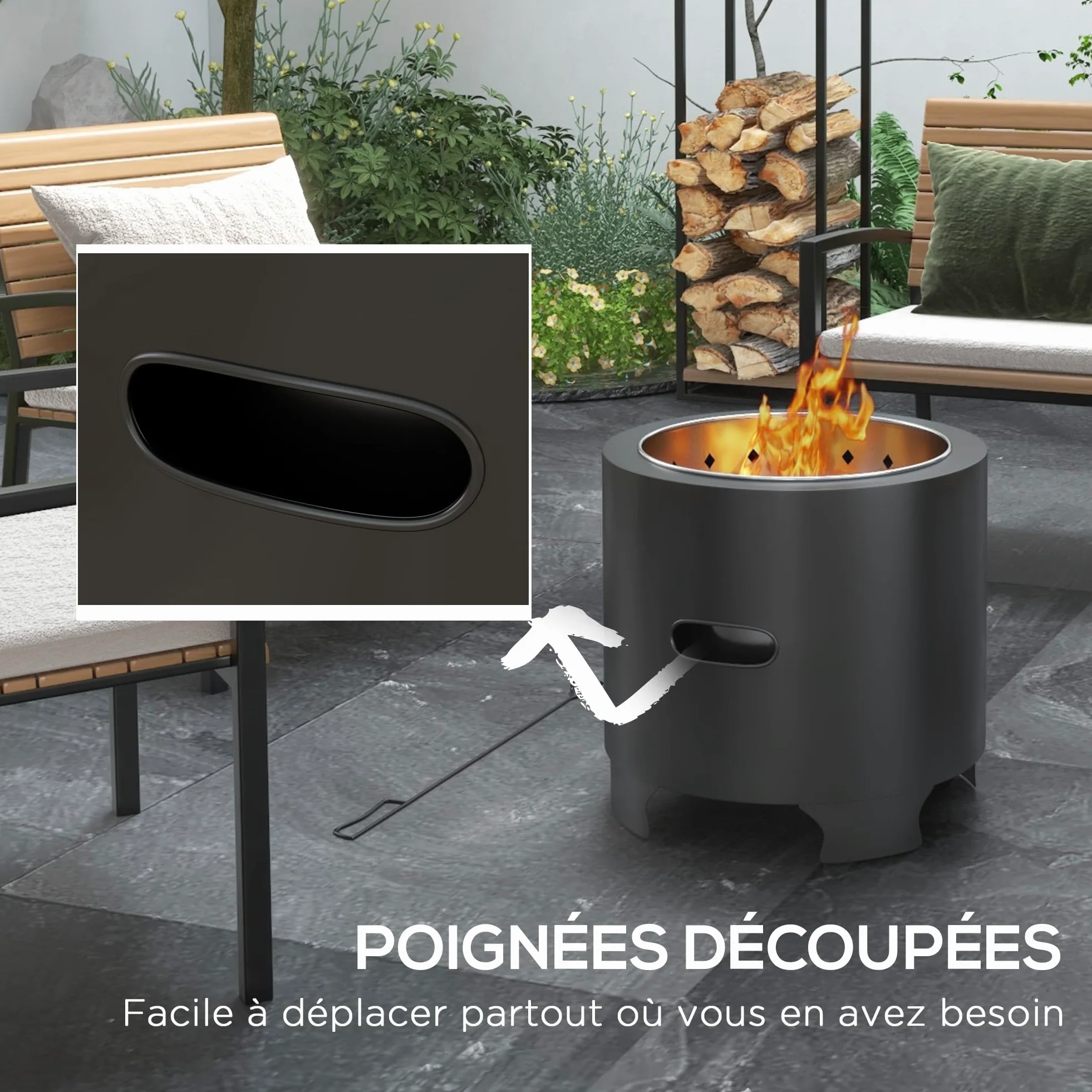 Outsunny Brasero sans fumée Rond Portable diamètre 45 cm Noir | foyer à bois extérieur, pot intérieur en acier inoxydable, tisonnier, poignées rainurées