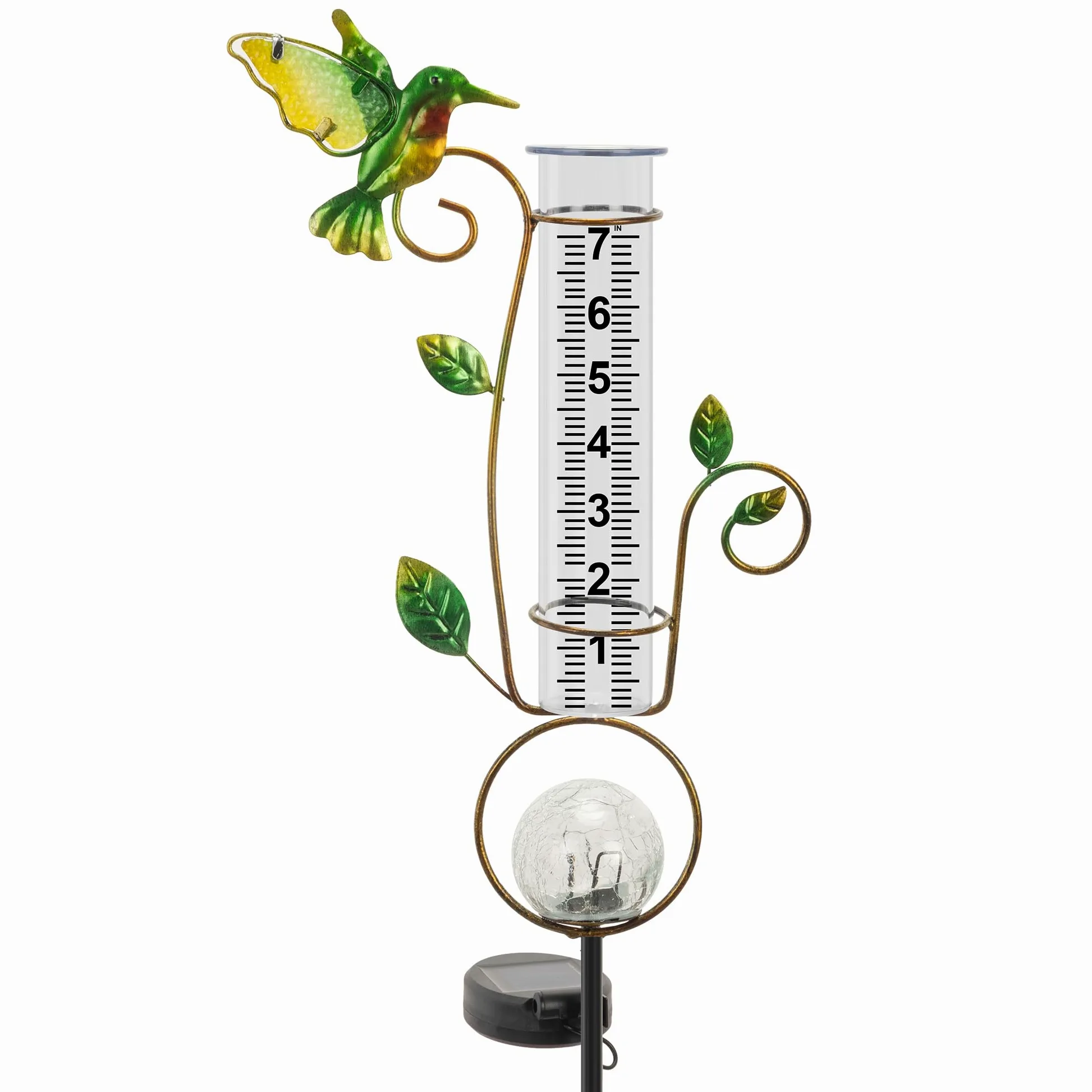 Pluviomètre d'extérieur – Jauge de pluie solaire en forme de colibri décorative avec lumières LED à changement de couleur en forme de boule fissurée de 17,8 cm Tube résistant au gel pour l'extérieur