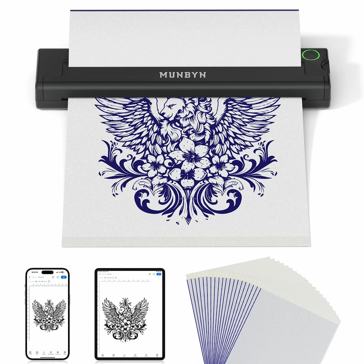MUNBYN Thermocopieur Tatouage Bluetooth ITP05 20 Feuilles Papier Transfert Imprimante Stencil Tatouage Machine Copieur Noir