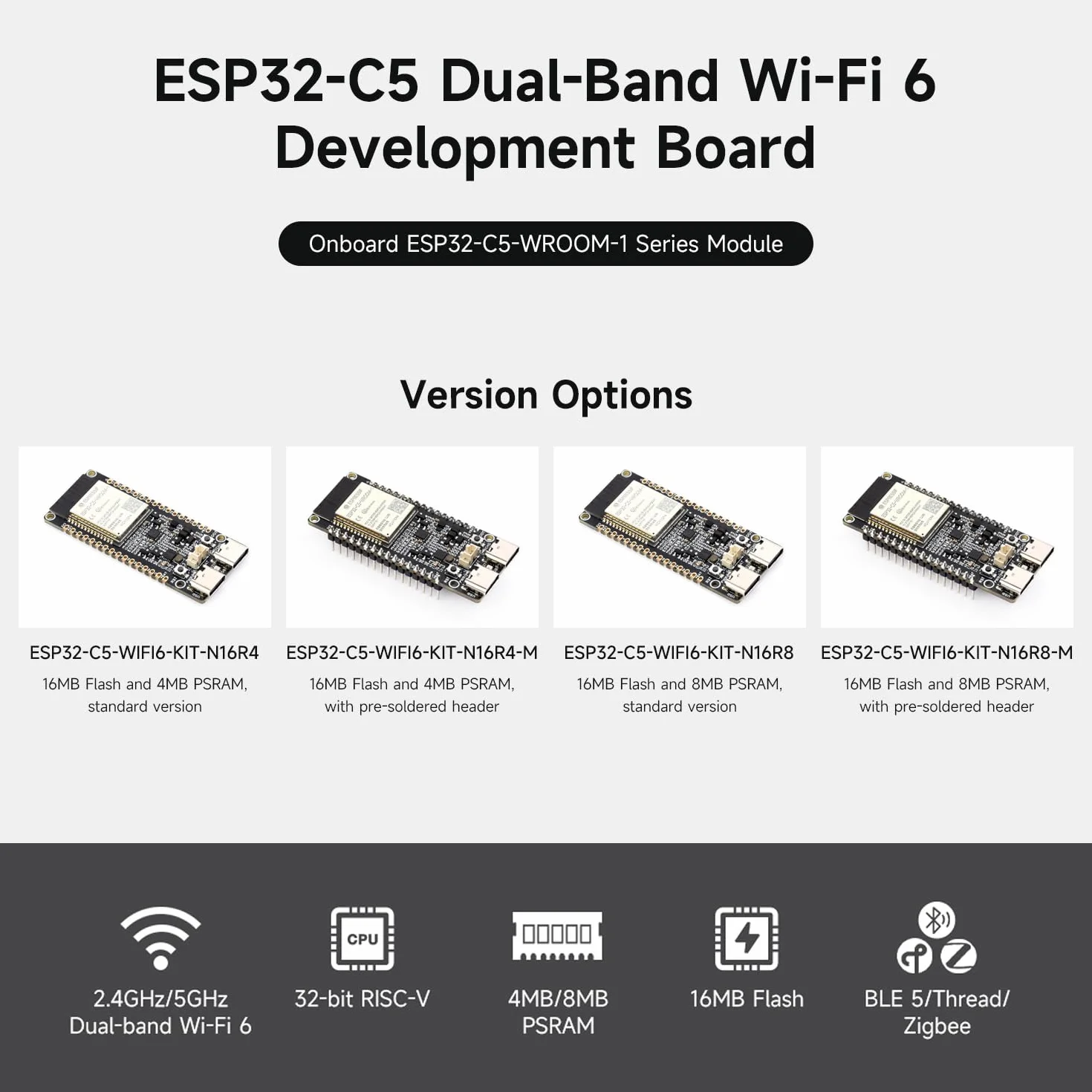 Waveshare ESP32-C5 Dual-Band Wi-Fi 6 Development Board 16MB Flash 8MB PSRAM 240MHz RISC-V Processor ESP32-C5-WROOM-1 Module