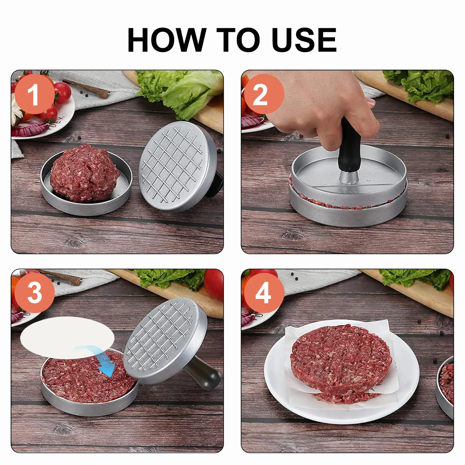 Presse à Steak Haché, Moule 4.6 inch, 100 Feuilles Papier Ciré, Presse Burger Poignée Confortable