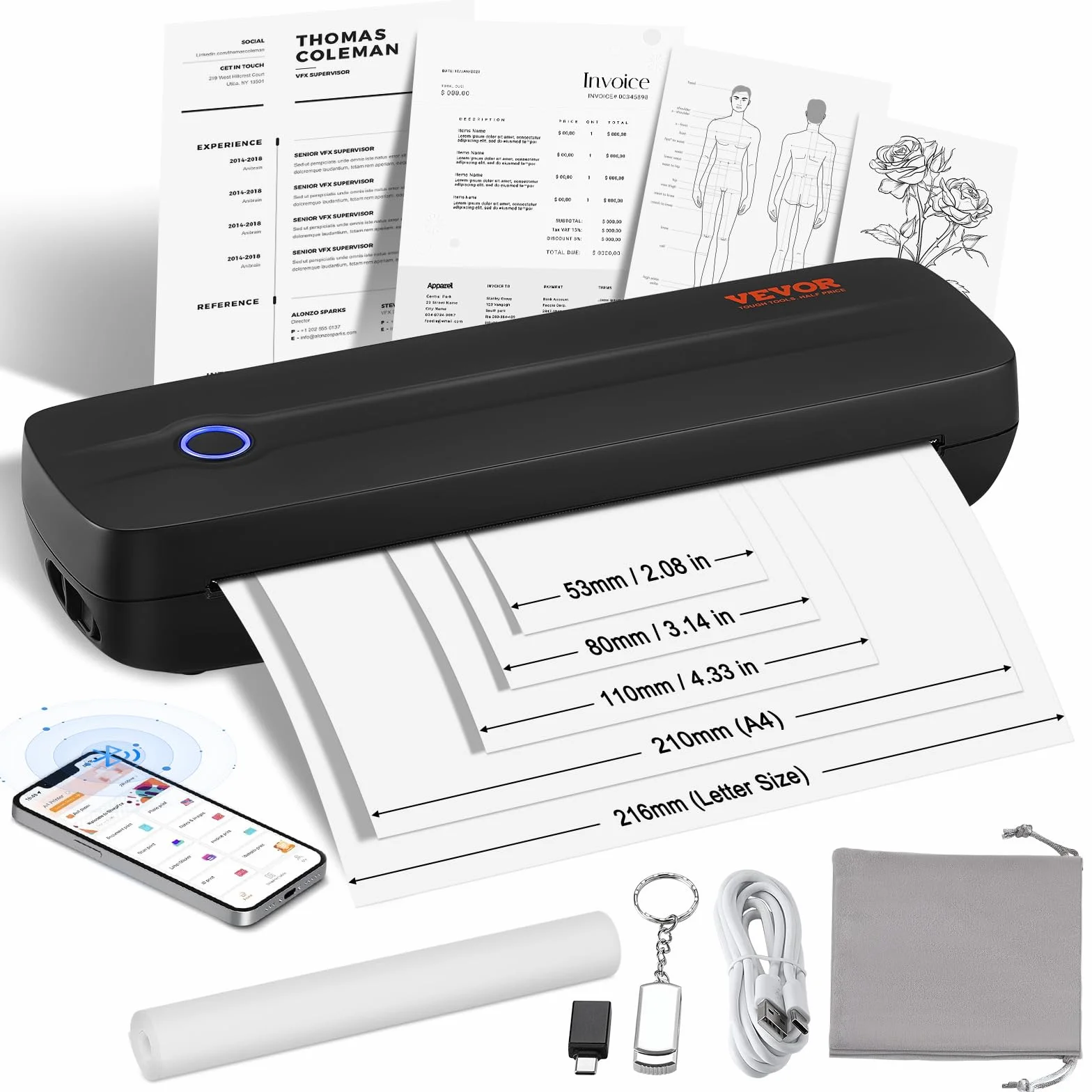 VEVOR Imprimante Thermique Portable sans Fil 203 DPI, Mini Bluetooth sans Encre pour Papier A4/A5