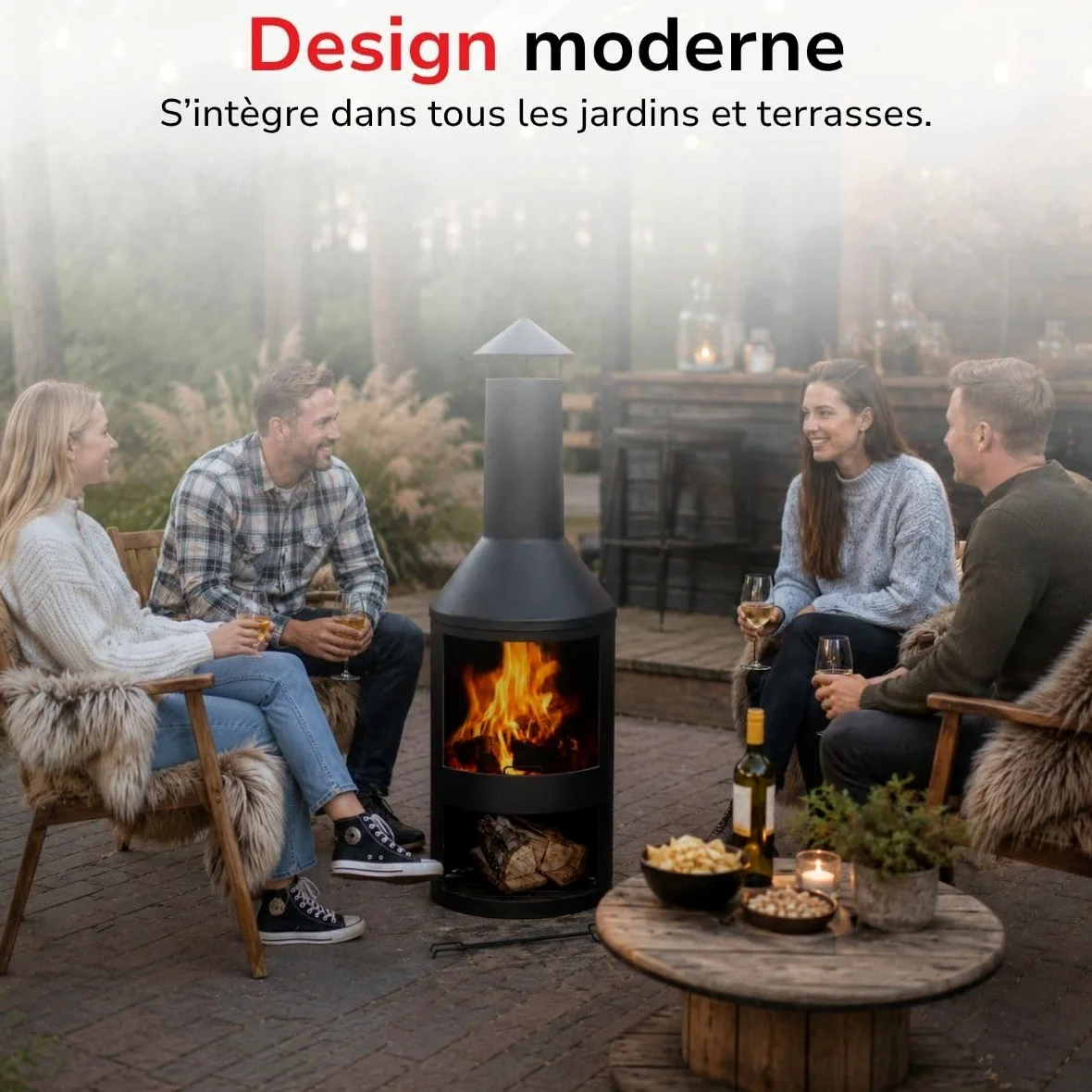 BBQ Collection Brasero 134 x 44,5 cm - Incinerateur de Jardin sur Pied - Decoration Jardin et Terrasse Exterieur - avec Cheminée - Rangement de Bois - Acier au Carbone