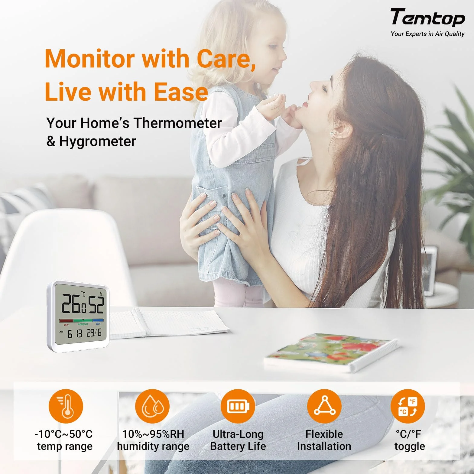 Temtop Thermomètre Hygromètre d'Intérieur Numérique T1-SE - Moniteur Température Humidité avec Affichage Heure Date Haute Précision