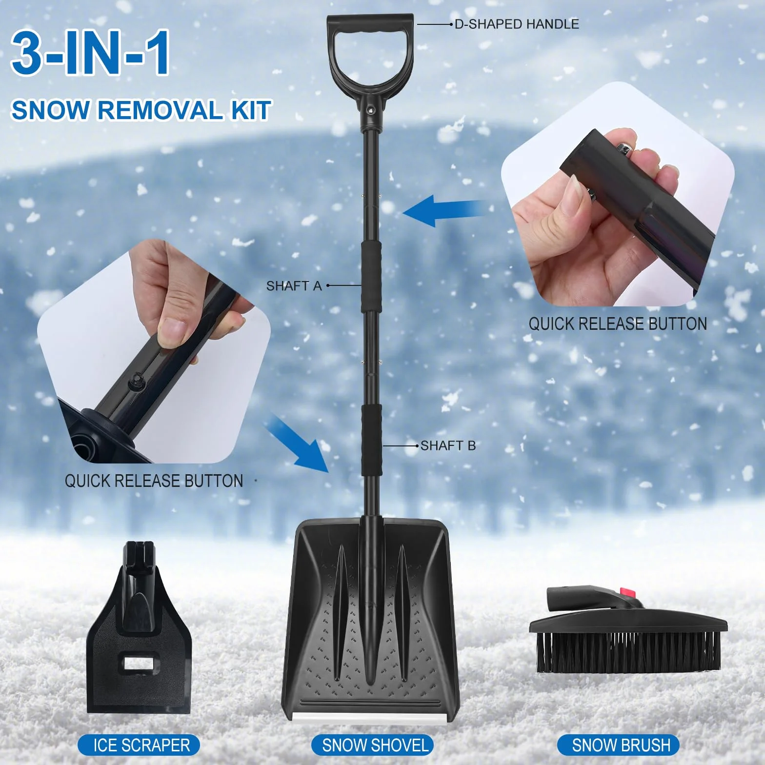 Kit Pelle à Neige rétractable 3 en 1 Grattoir Glace Brosse Neige avec Sac de Rangement et Gants Noir