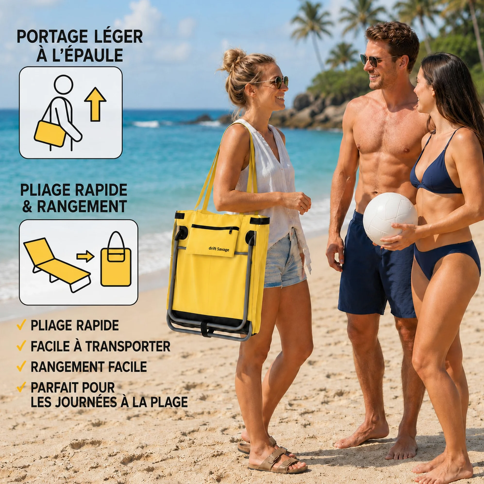 Drift Savage Lot de 2 chaises longues de plage pliables (Jaune soleil) | Matelas de plage légers et rembourrés avec dossier réglable, bandoulière et poche, pour camping, piscine et voyage