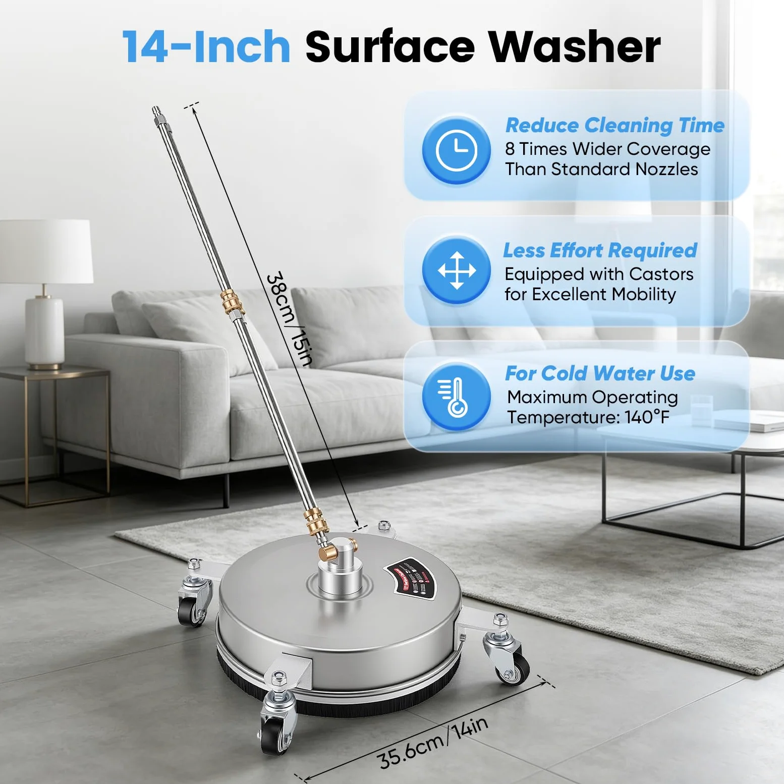 Nettoyeur Surface, Nettoyeur Surface pour Haute Pression 14'' Machine Nettoyage pour Pavés à 4 Roues Boîtier en Acier Inoxydable Raccord Rapide 1/4 Pouce et 2 Lances D'extension (14")