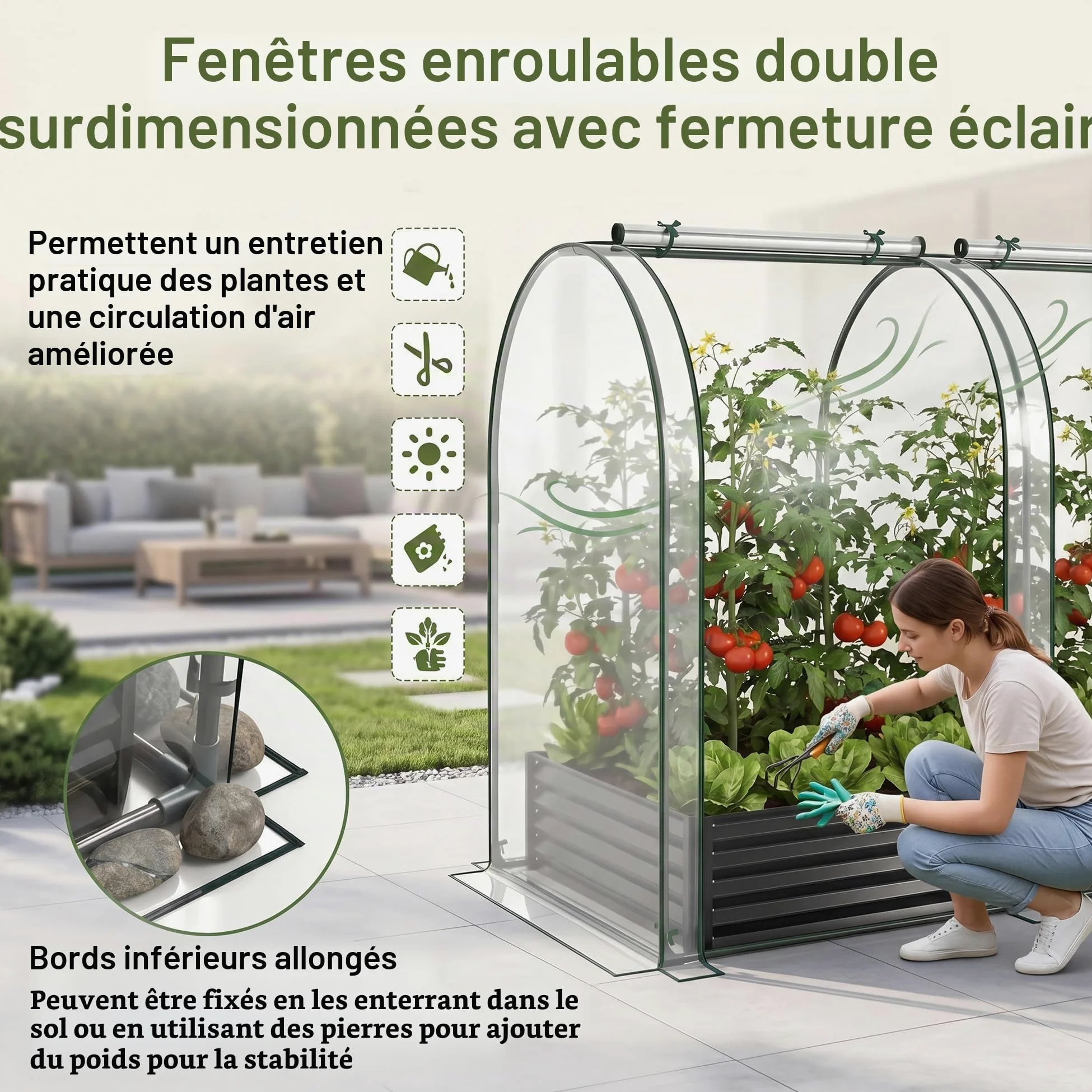 HOMASIS Serre 2 en 1 avec Plate-Bande Surélevée, Protection hivernale, Serre Froide en Métal et Film PVC avec 2 Fenêtres, pour Jardin et Balcon (198 x 100 x 145 CM,Argent)