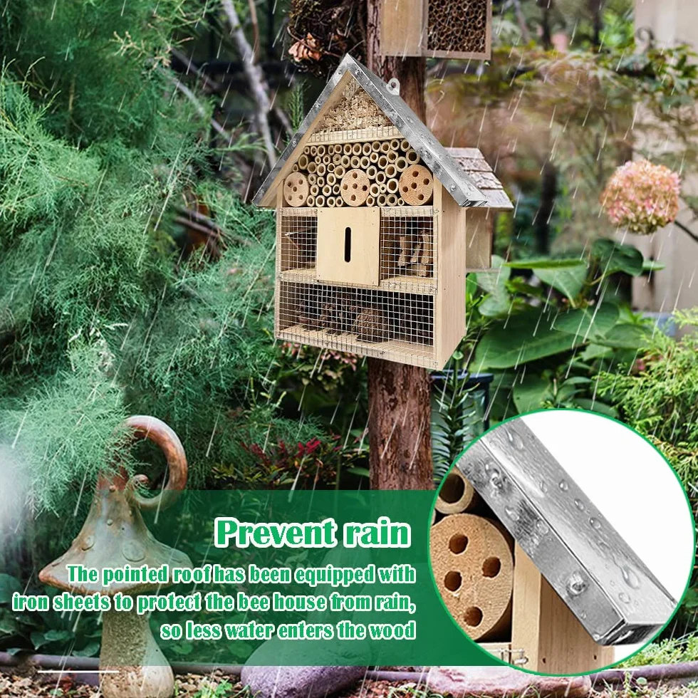 Hotel Insectes Exterieure à Suspendre en Bois avec Toit Imperméable Métal pour Abeille Papillon Coccinelle Jardin Balcon