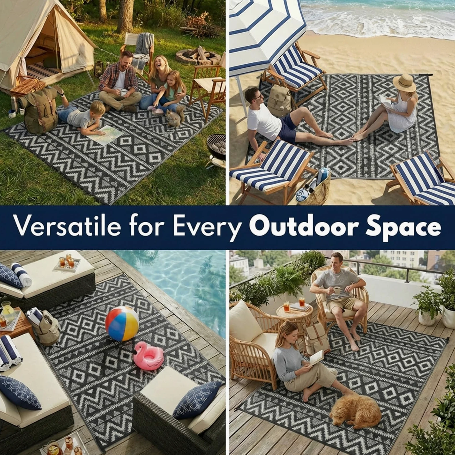Tapis d'extérieur imperméable de 2,7 x 5,5 m, Tapis réversible en Paille en Plastique, Facile à Nettoyer, Tapis Portable pour Patio, Camping-Car, terrasse, Balcon, Jardin, Pique-Nique, Plage, Diamant
