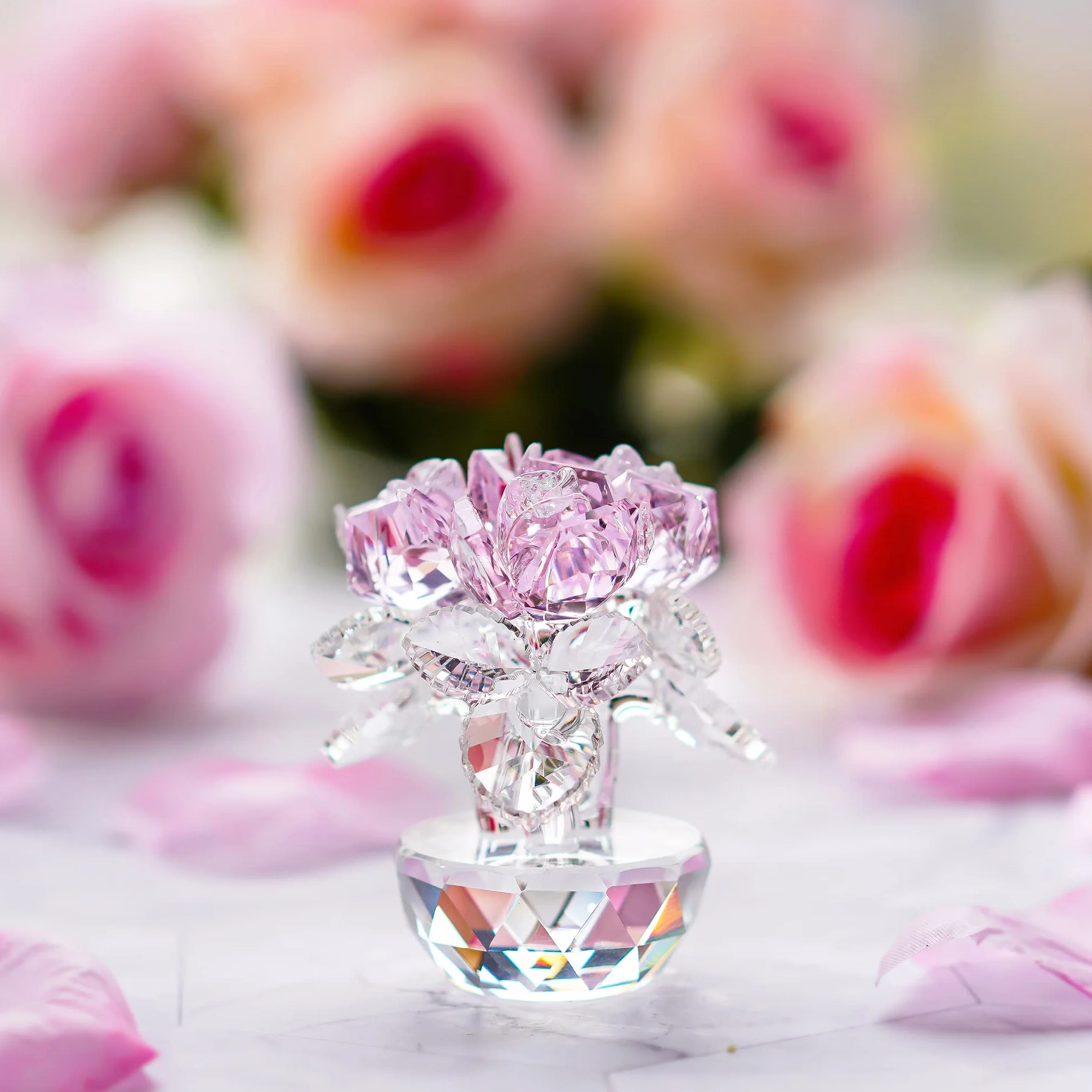 Bouquet de Roses en Cristal Rose - Figurine en Verre pour la fête des mères