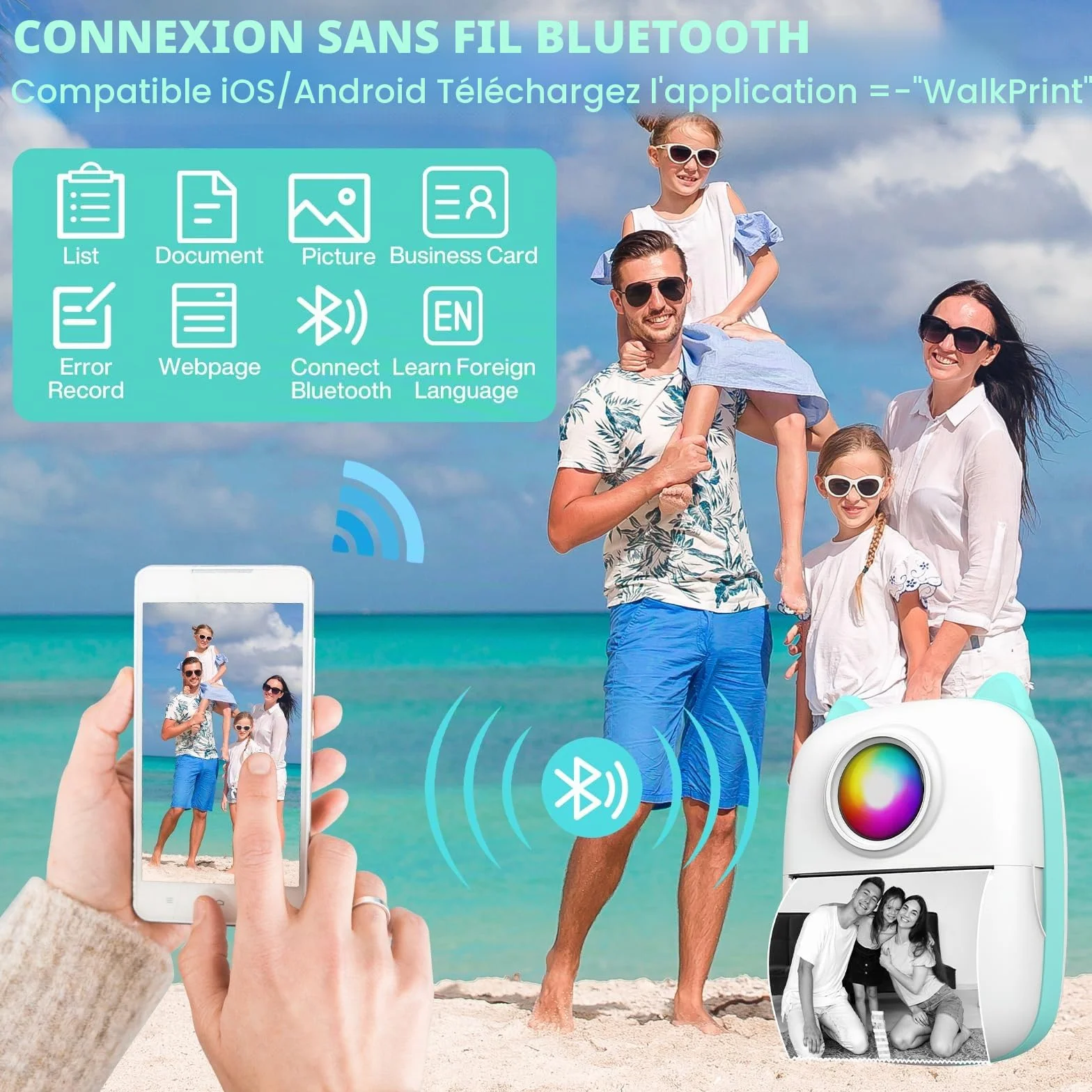 Mini Imprimante Thermique Portable Bluetooth sans Encre iOS Android Bleu