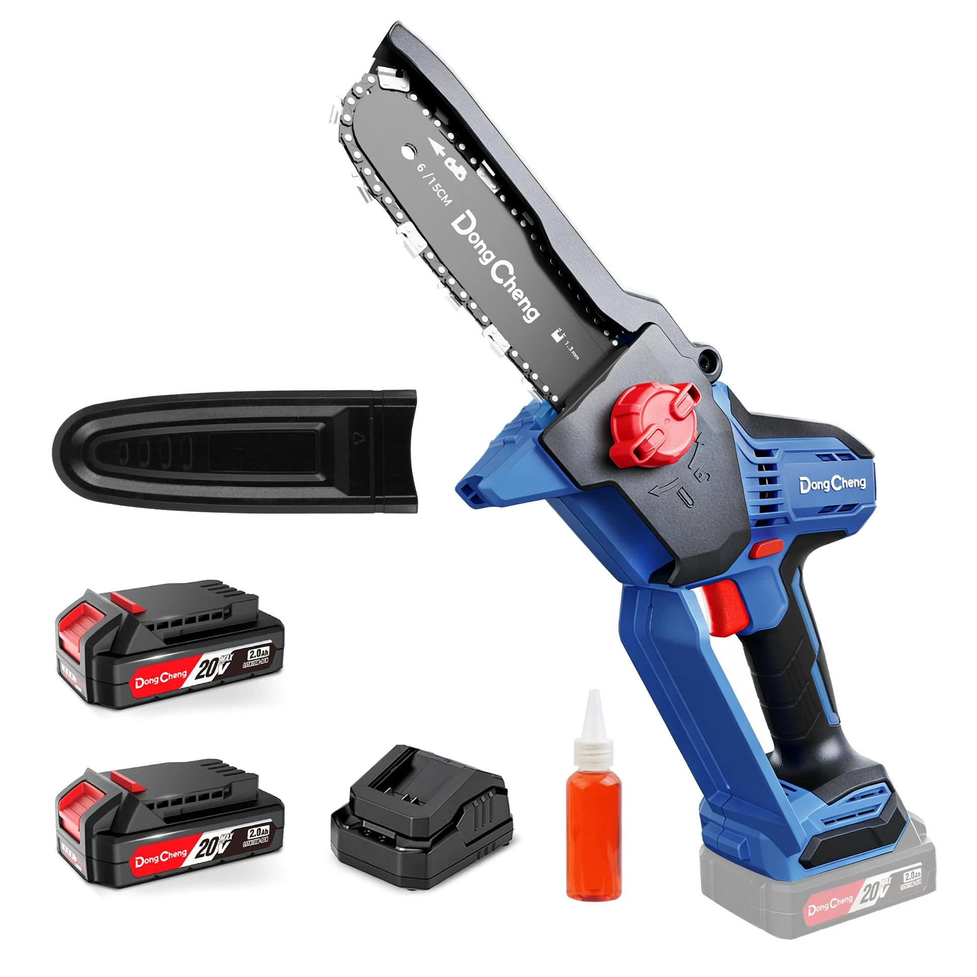 DongCheng mini tronconneuse a batterie 20V, brushless 750W, 2×2000mAh, 8m/s | Jusqu'à 270 coupes dans bois 50×50mm, 1,2kg scie légère à une main, tension de chaîne sans outil, graissage auto, guide 15cm