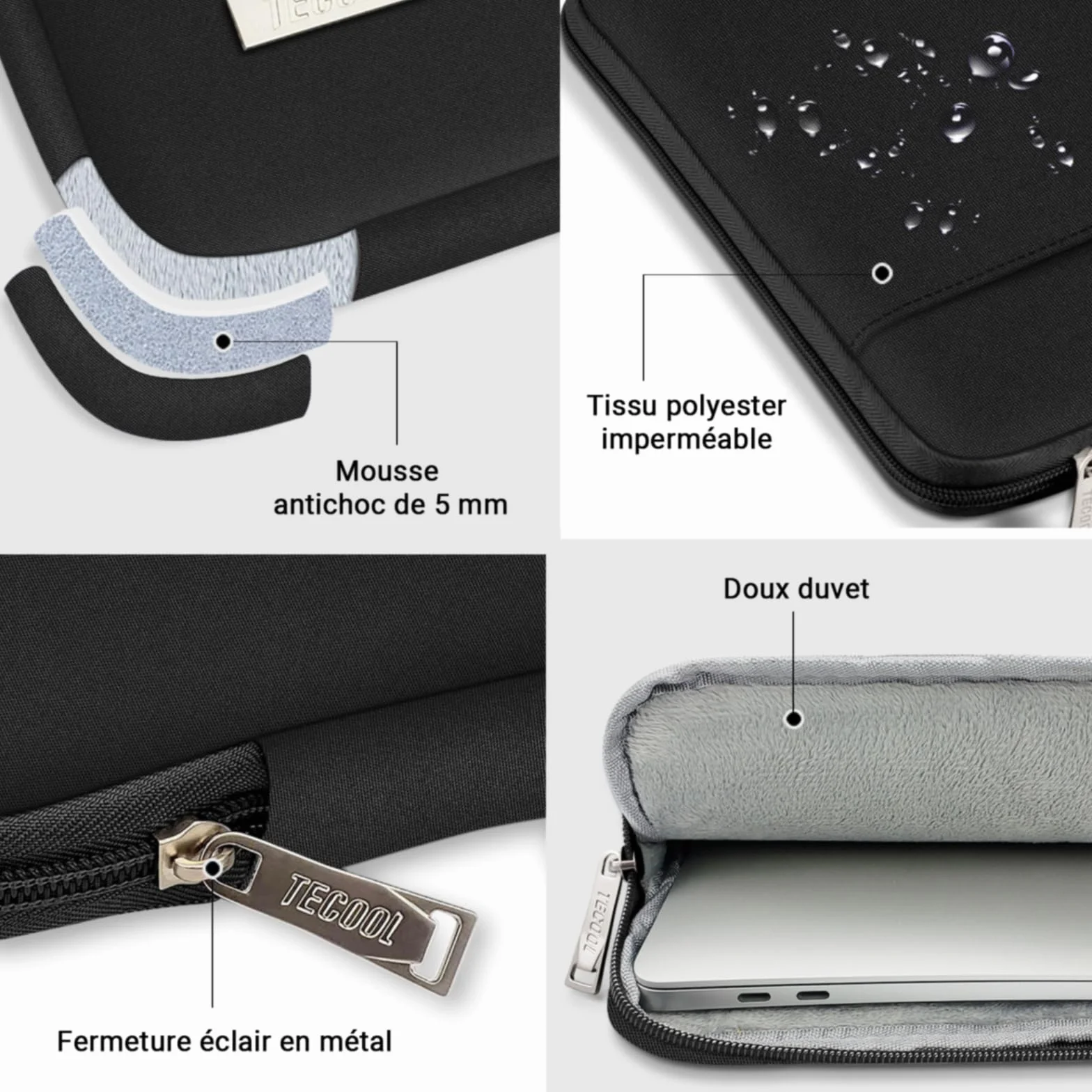 TECOOL Housse Ordinateur Portable 15.6 Pouces Étanche Sacoche PC Noir