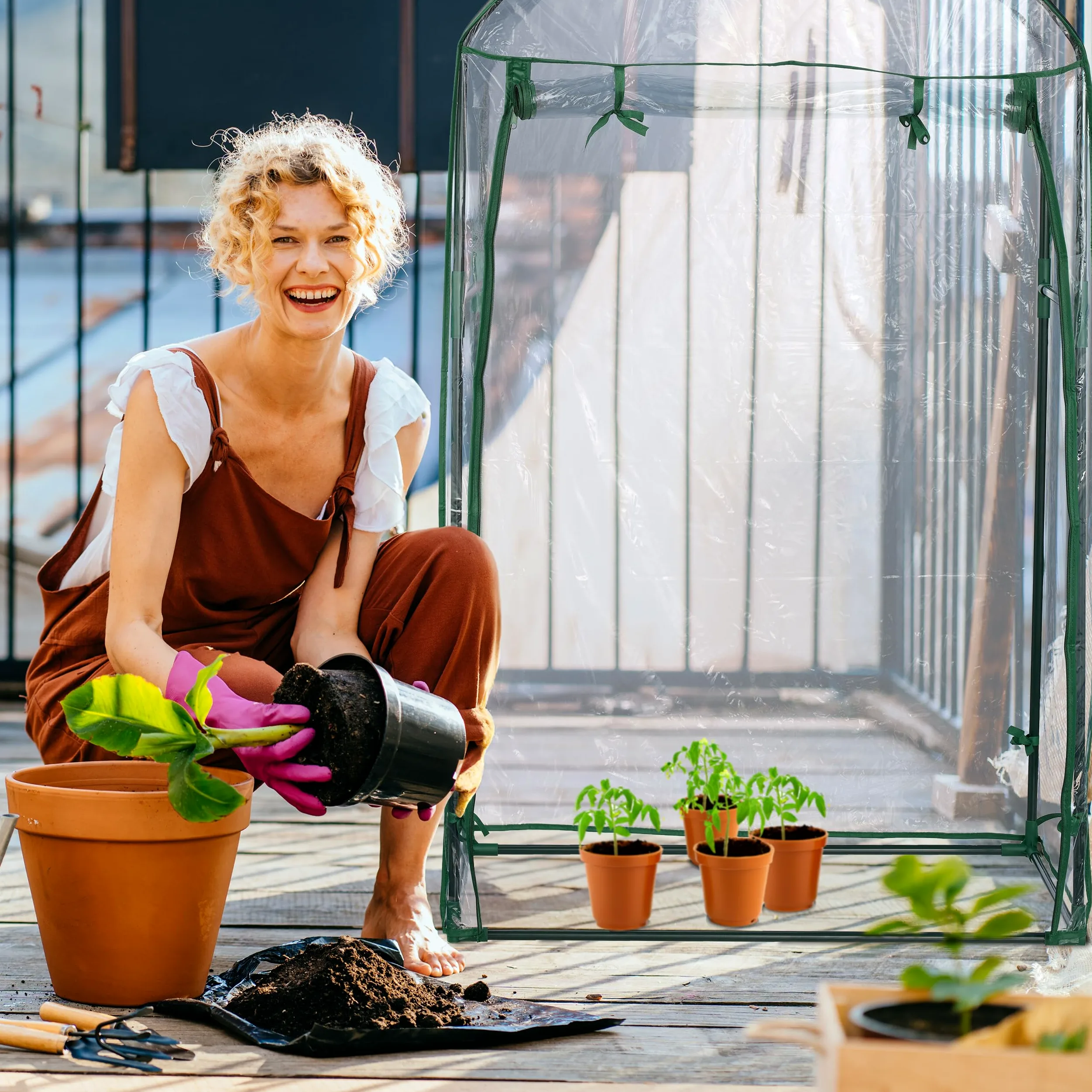 Relaxdays Serre de Balcon avec Sac de Plantation, HLP : 153 x 89 x 49 cm, Film Plastique, PVC & Acier, Transparent/Vert