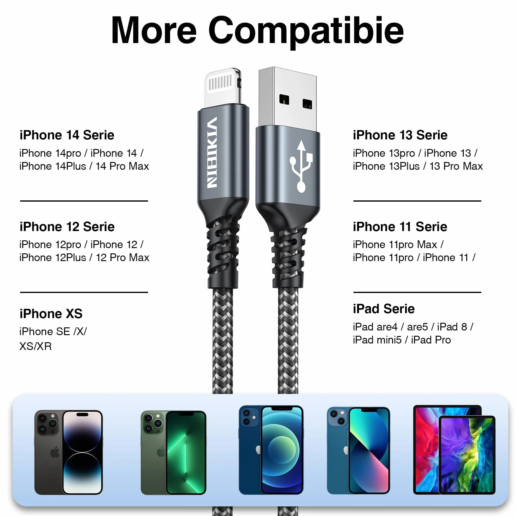 NIBIKIA Câble iPhone 2M Lot de 3 Chargeur MFi Nylon Tressé Charge Rapide Compatible iPhone 14 13 12 11 Pro Pro Max XS XR X 8 7 6 5 SE