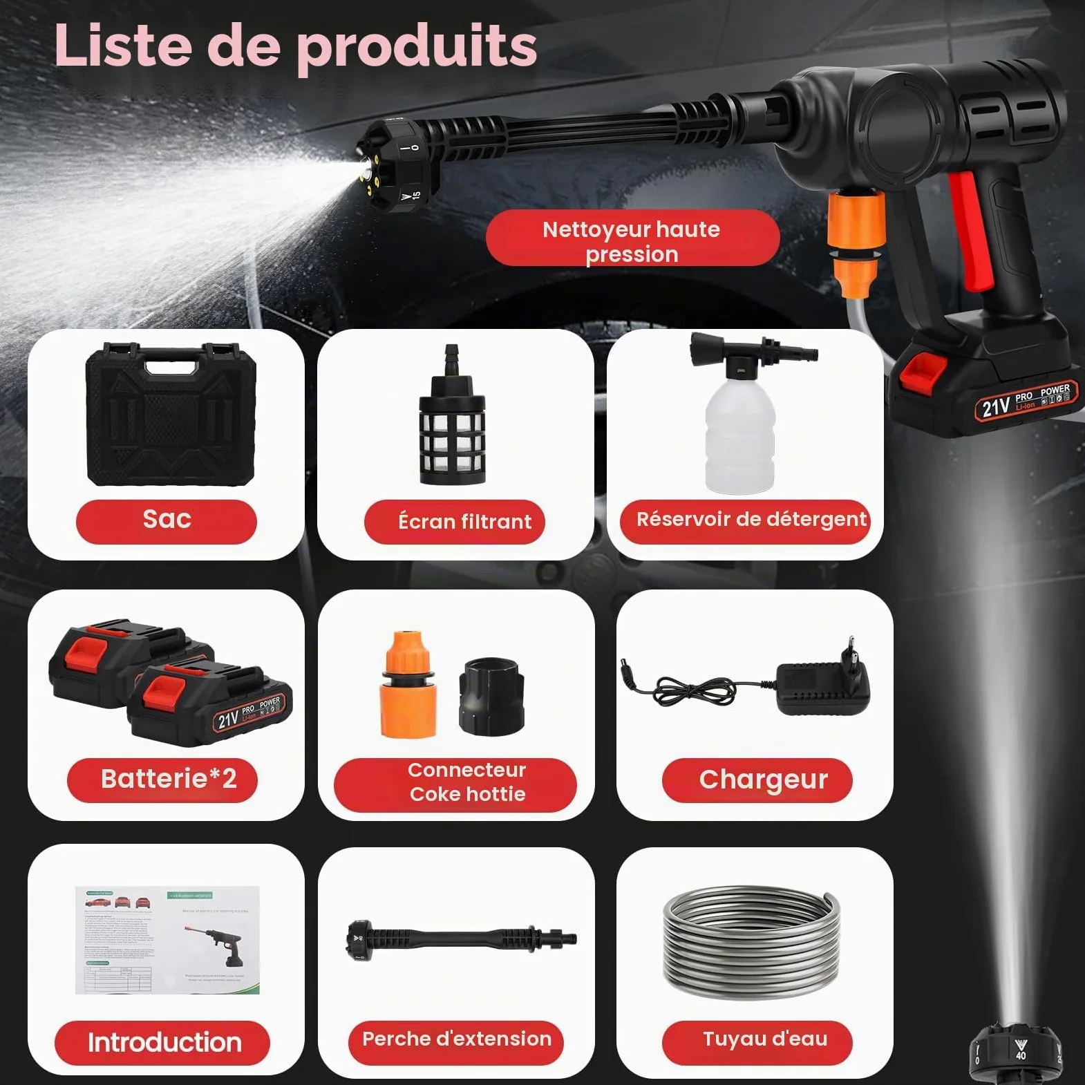 Nettoyeur haute pression sans fil portable, 30 bar, buse réglable 5 en 1, rotatif 180°, 24 V, pour voiture et piscine (deux batteries)