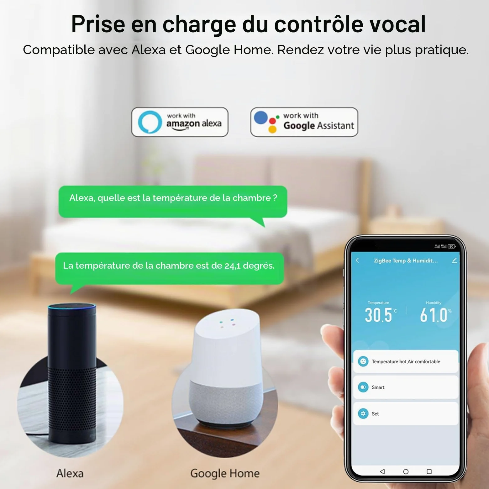 Hygromètre intelligent thermomètre: moniteur d'humidité de la température Zigbee avec alertes d'application, double alimentation, exportation de mémoire de données, hub, support homekit, Alexa (Lot de