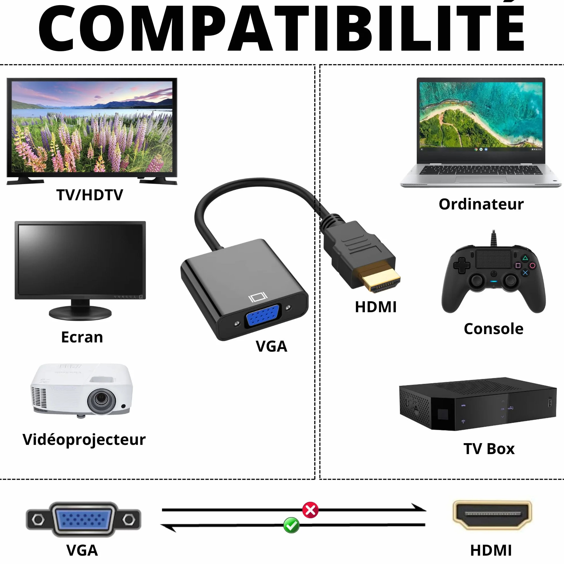 PHONILLICO Adaptateur HDMI vers VGA 15cm pour TV