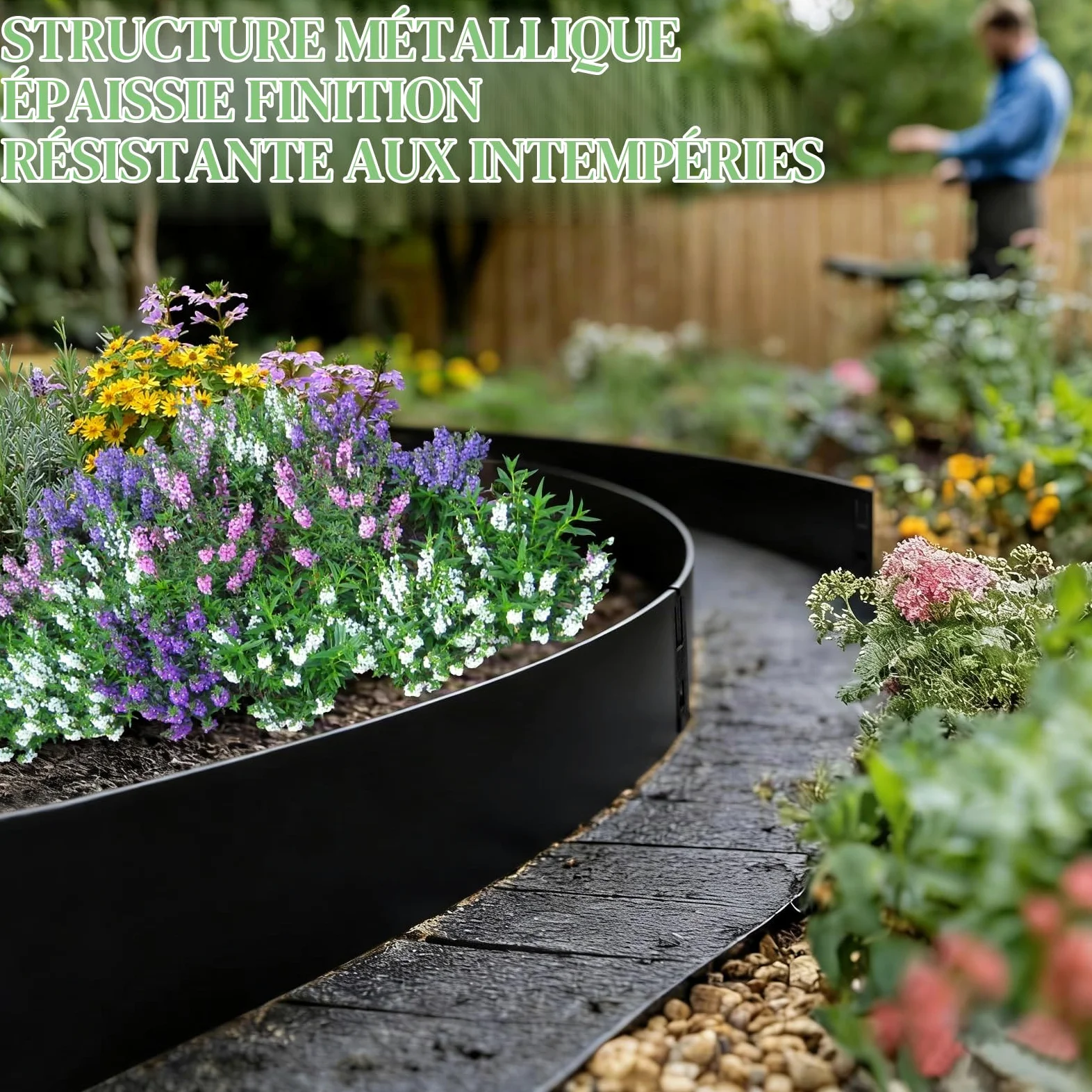 Bordure de Jardin en Métal Noir 84 x 16 cm, Lot de 10, Bordure Pelouse en Acier Thermolaqué avec Piquets Intégrés, Installation sans Outils pour Massifs, Pelouse, Allées et Entrées(Noir)