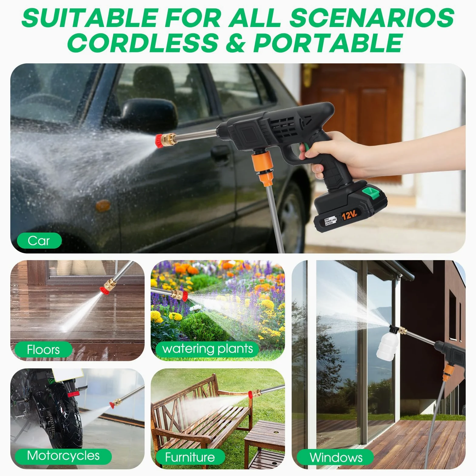 Nettoyeur haute pression sans fil avec 2 batteries, nettoyeur haute pression portable, buse 2 en 1 et canon à mousse, tuyau de 5 m de lavage à jet rechargeable pour voiture, terrasse, jardin