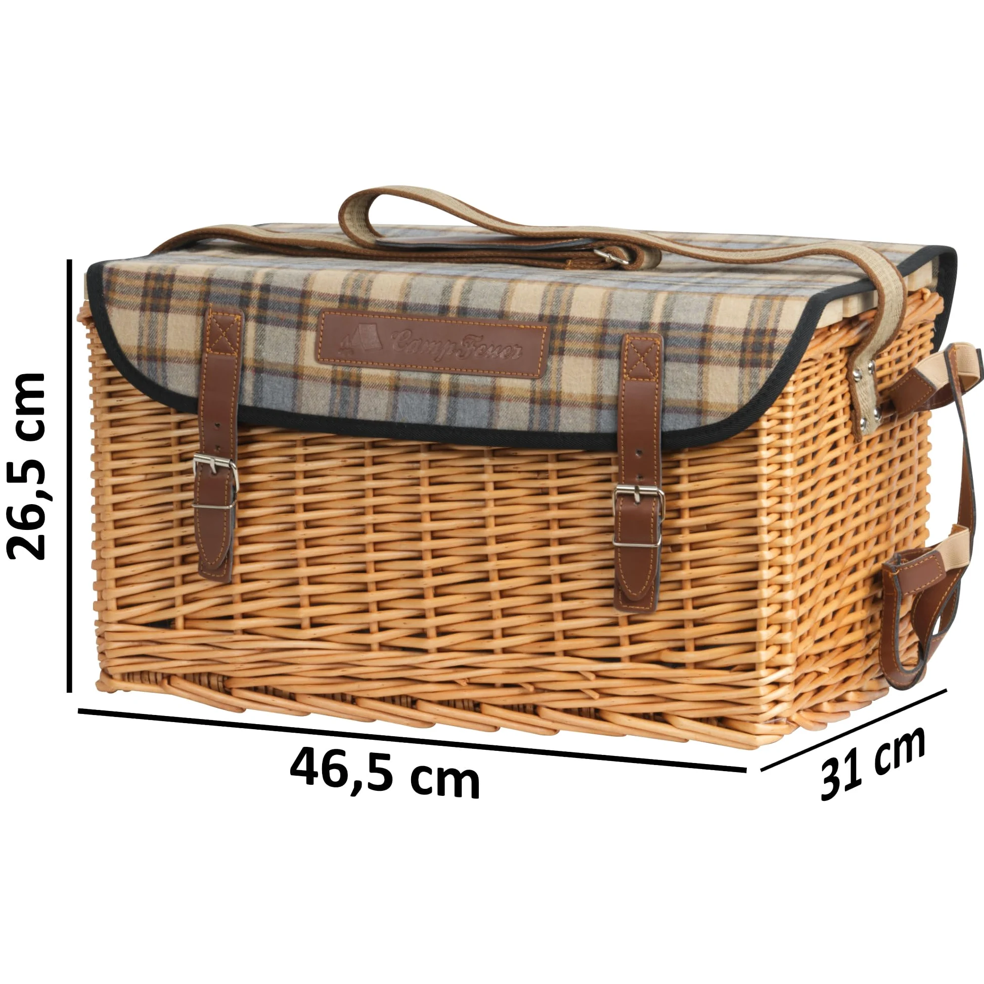 CampFeuer Panier de pique-nique pour 4 personnes, avec set de vaisselle et table de service, 25 pièces, panier en osier avec sangle en cuir synthétique, sac de pique-nique, set de pique-nique