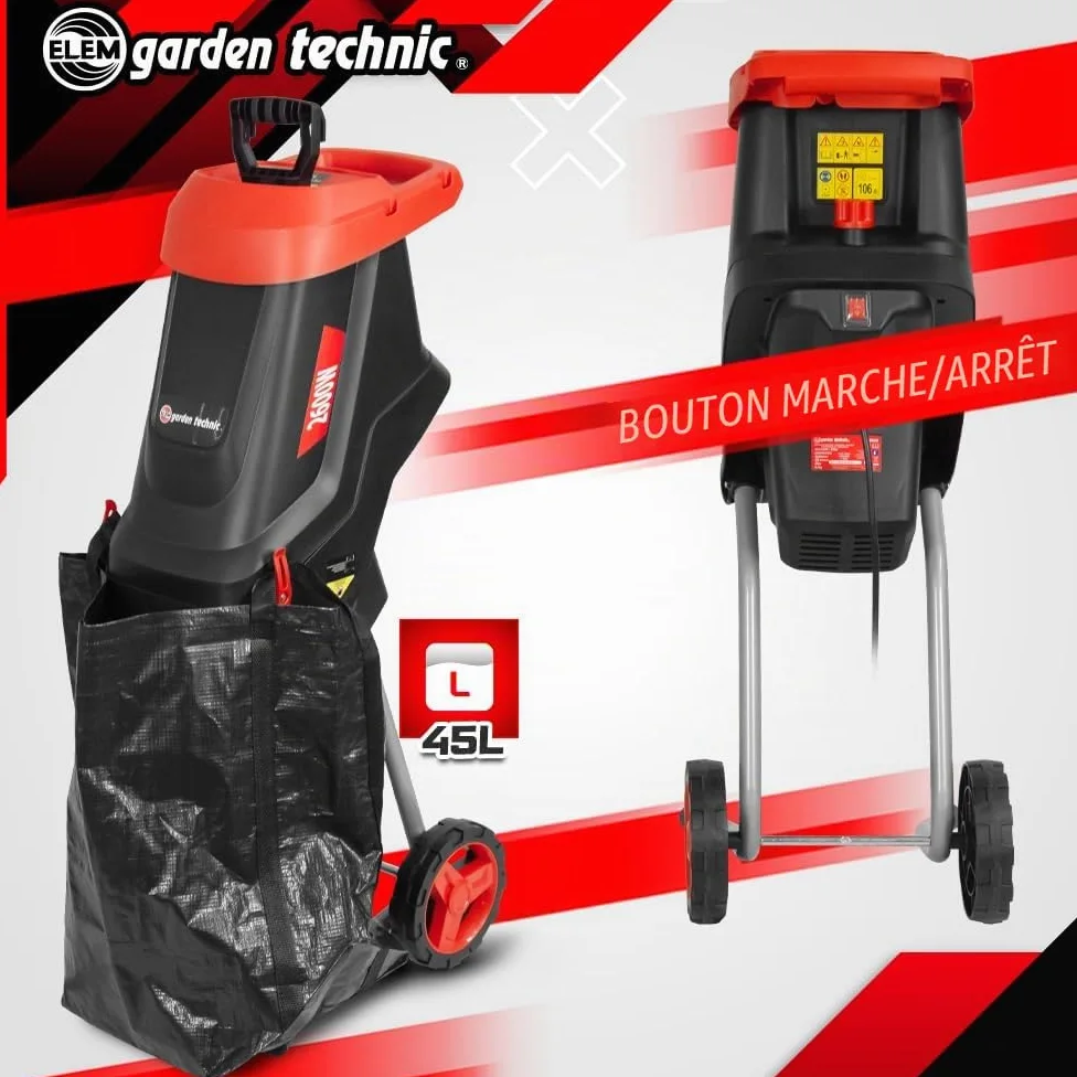 Broyeur de végétaux électrique 2600W avec sac récupérateur de 45L