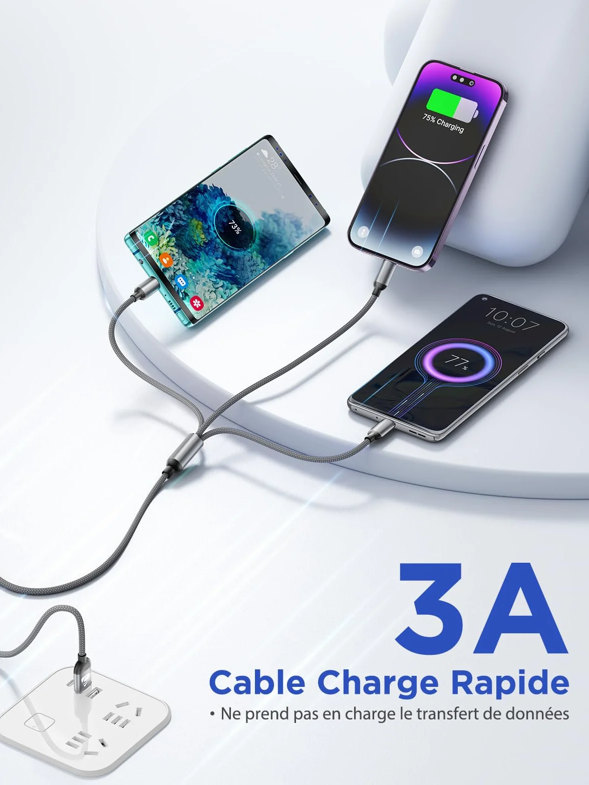 Câble Multi USB 3 en 1 Universel Rapide 1.2M Nylon Tressé Micro USB Type C Lightning pour iPhone Samsung Huawei