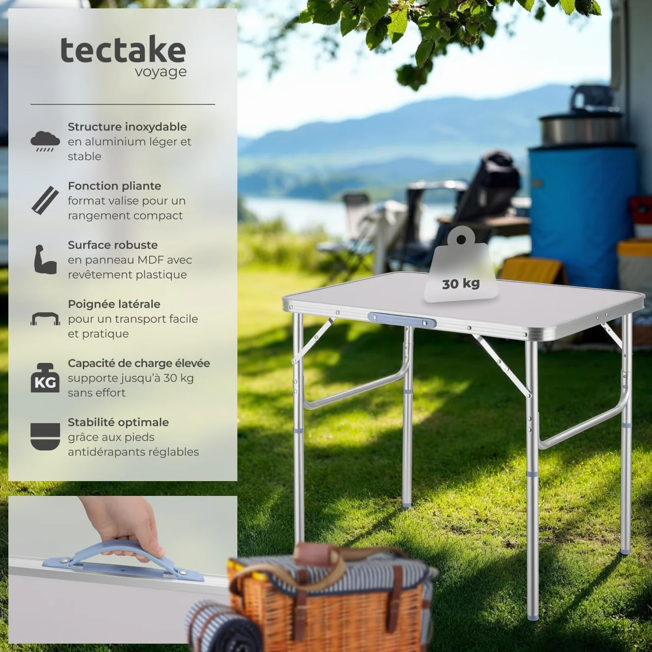 Tectake Table Pliante de Pique Nique Camping Aluminium Léger Compact Hauteur Réglable 75x55x68 cm