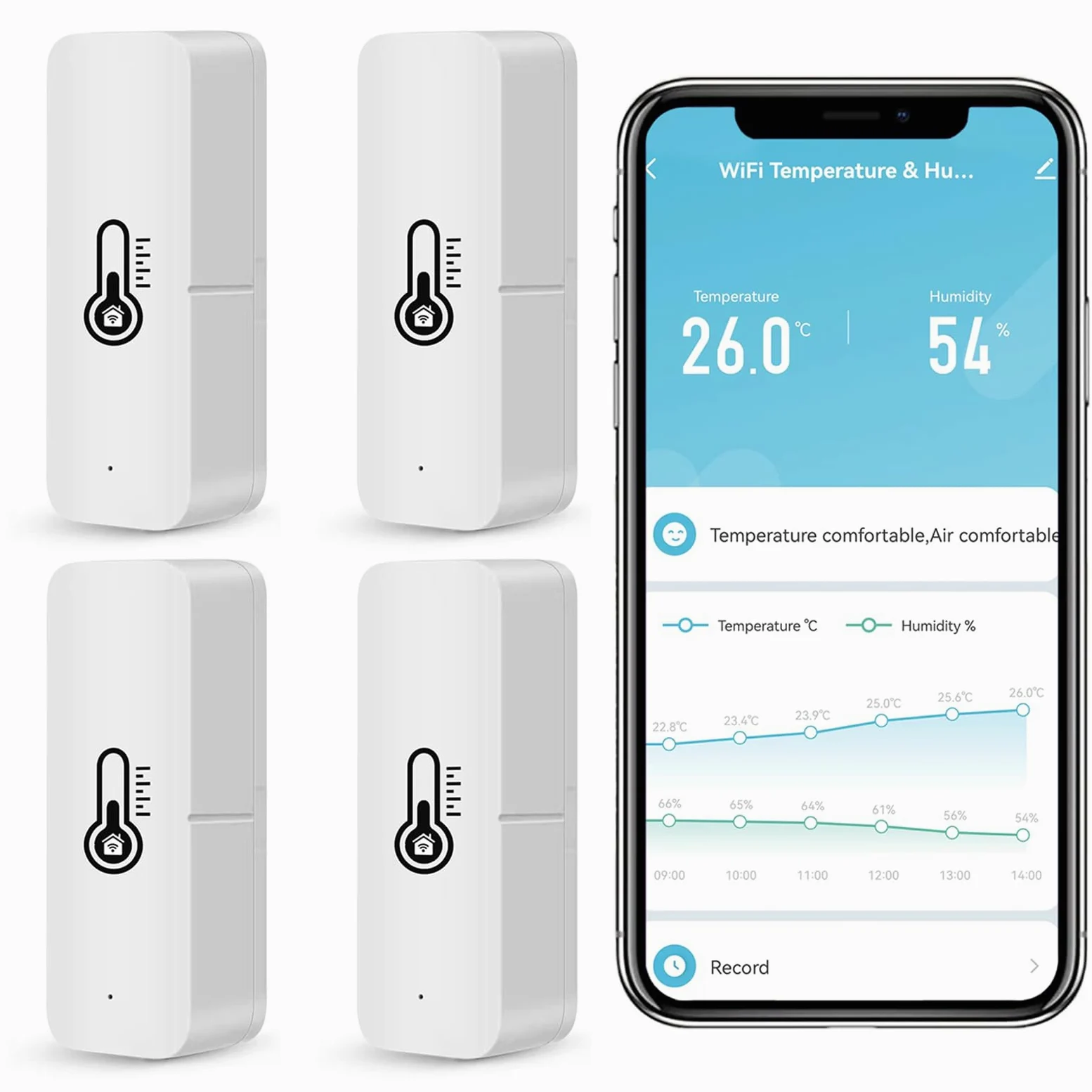 Thermomètre hygromètre WiFi Intelligent, capteur de température et d’humidité intérieur/extérieur Bluetooth, Application thermomètre WiFi Alexa/Google Assistant à Distance pour la Maison. 4 Pack