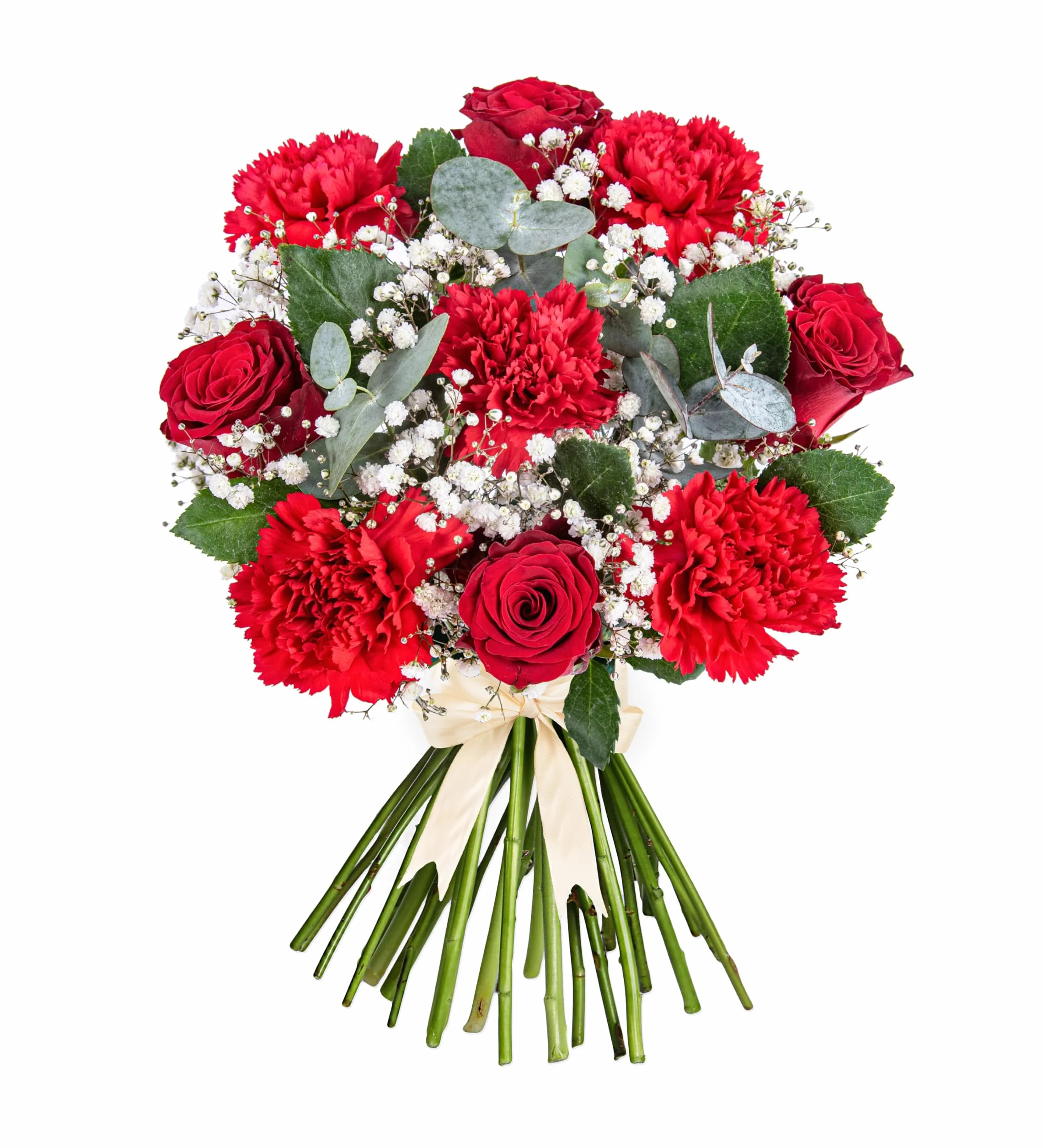 Bouquet Saint-Valentin Amore roses rouges œillets eucalyptus cyprès du Japon fleurs fraîches