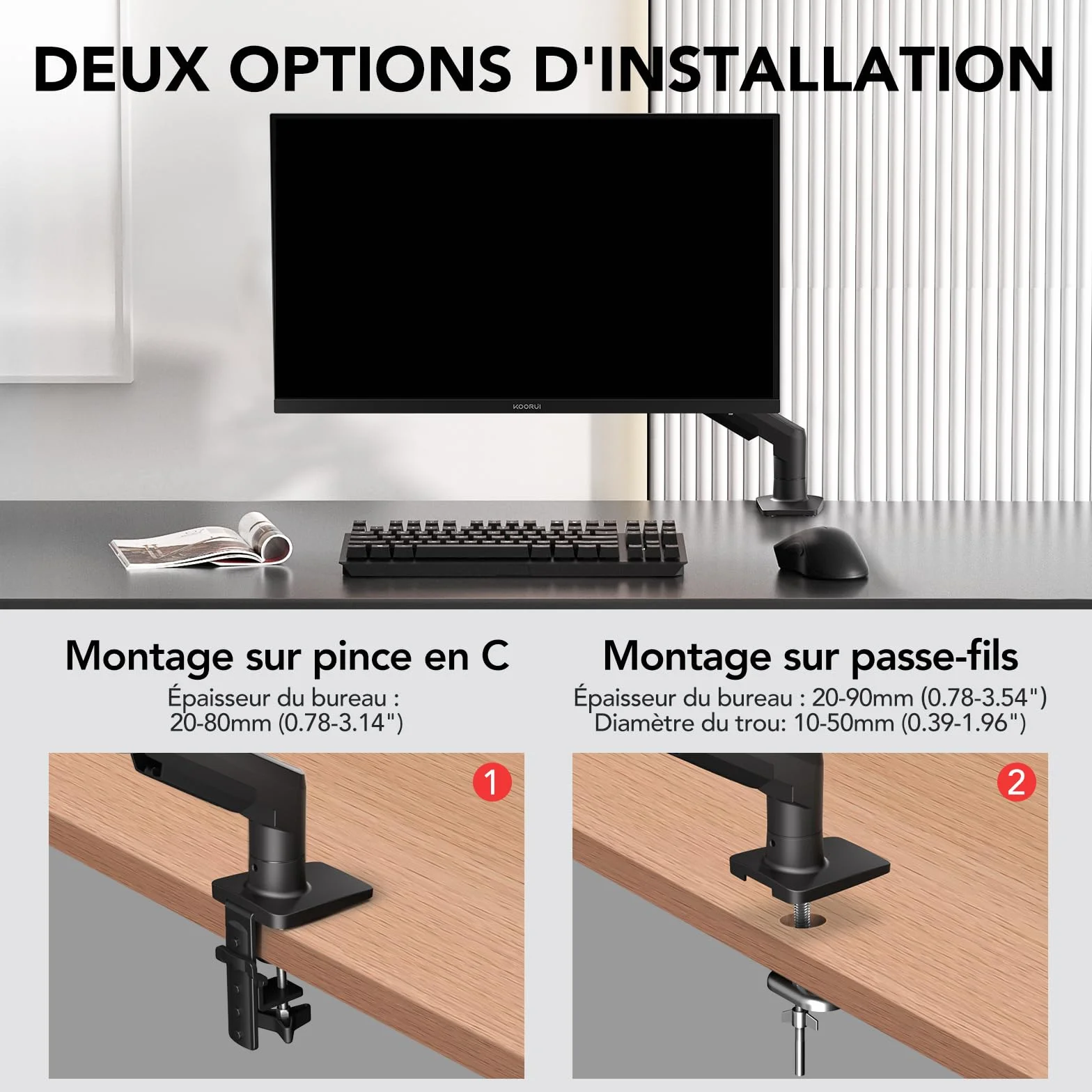 KOORUI Support Écran PC Moniteur Bras Ergonomique Réglable Hauteur Inclinaison Pivotant 17-32" VESA 75&100mm 2-9kg
