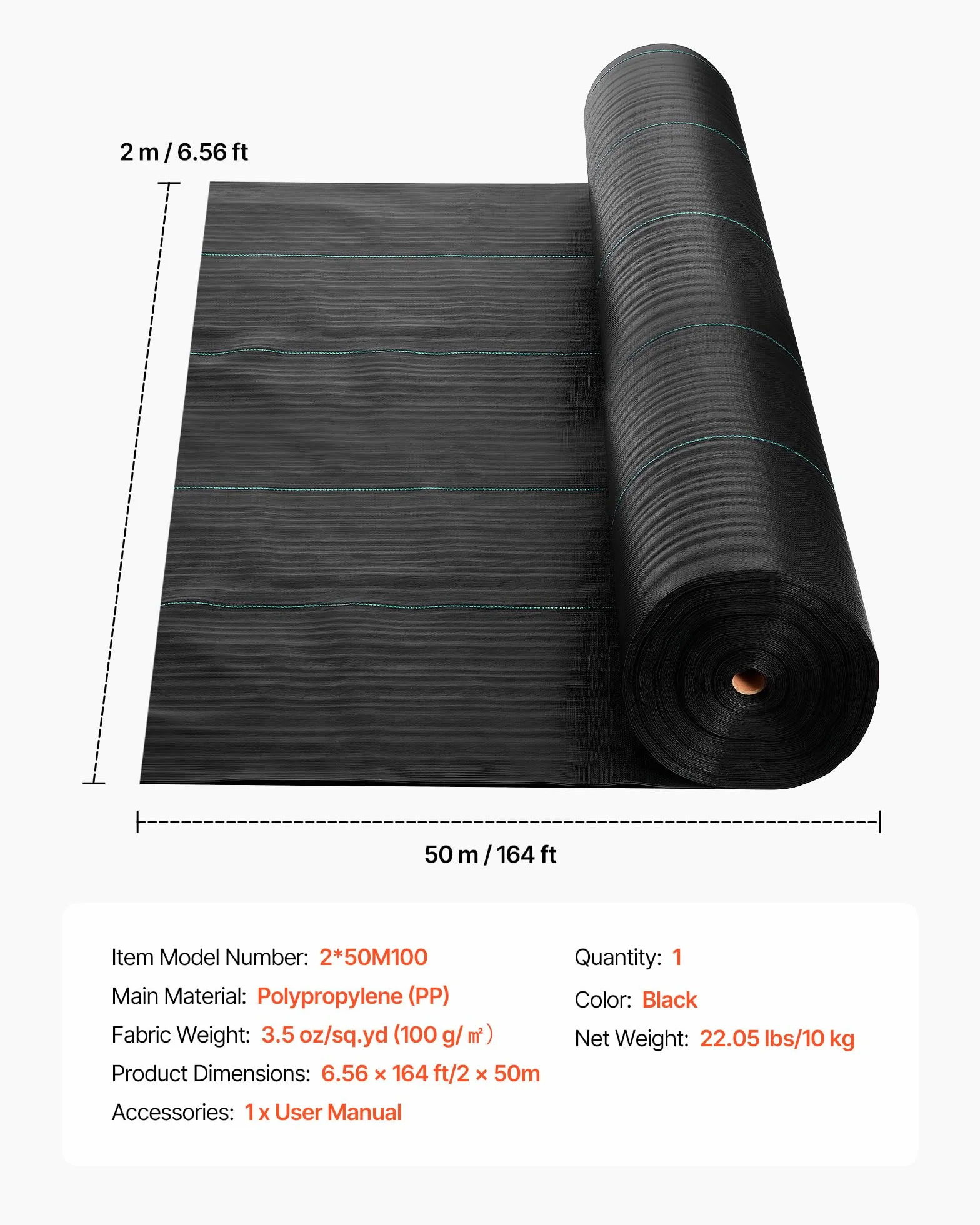 VEVOR Toile de Paillage 2x50 m Bâche Anti Mauvaise Herbe 100 g/m² Géotextile Anti Repousse Tissé PP Noir