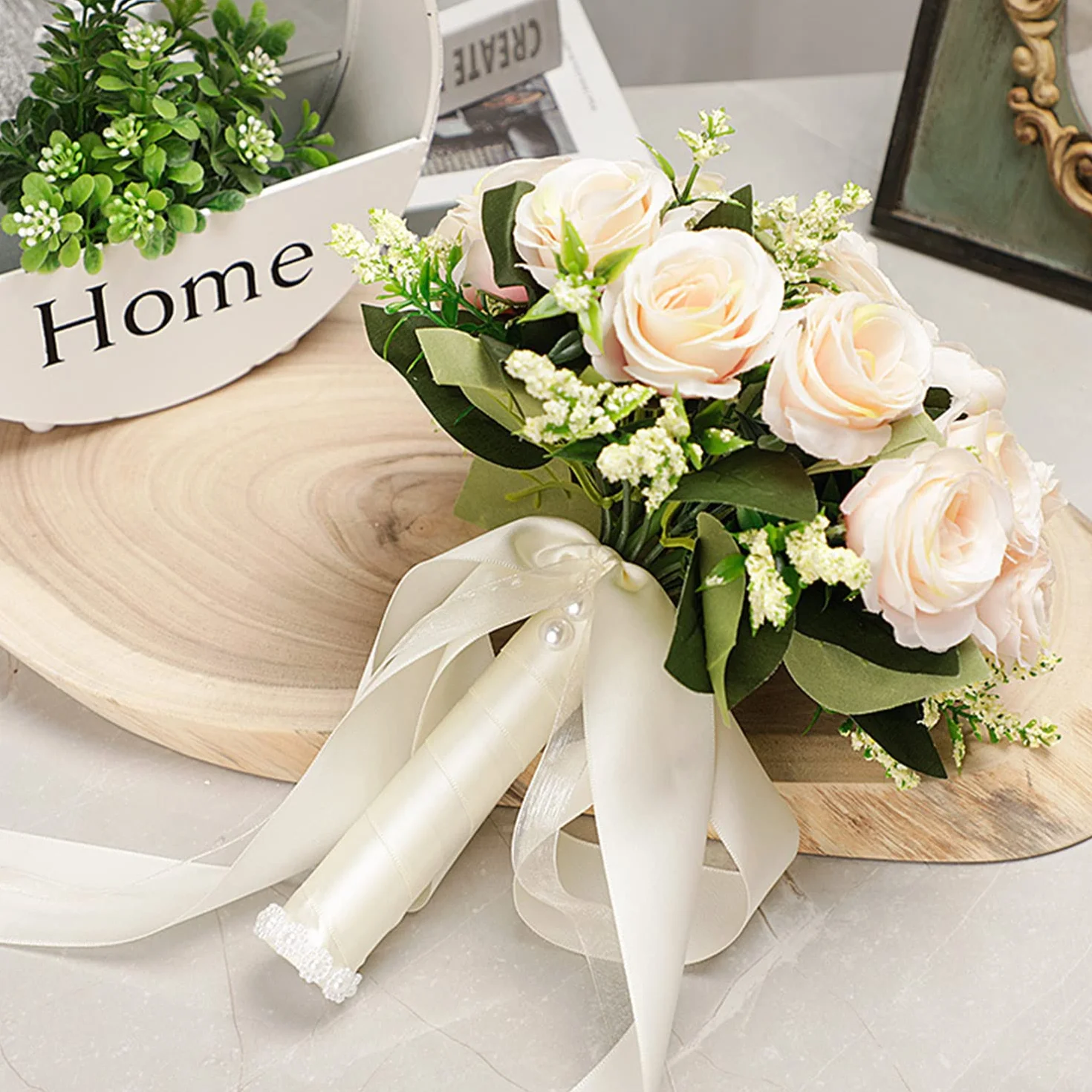 Bouquet de Mariée Fleurs de Rose Artificielles Romantique pour Mariage