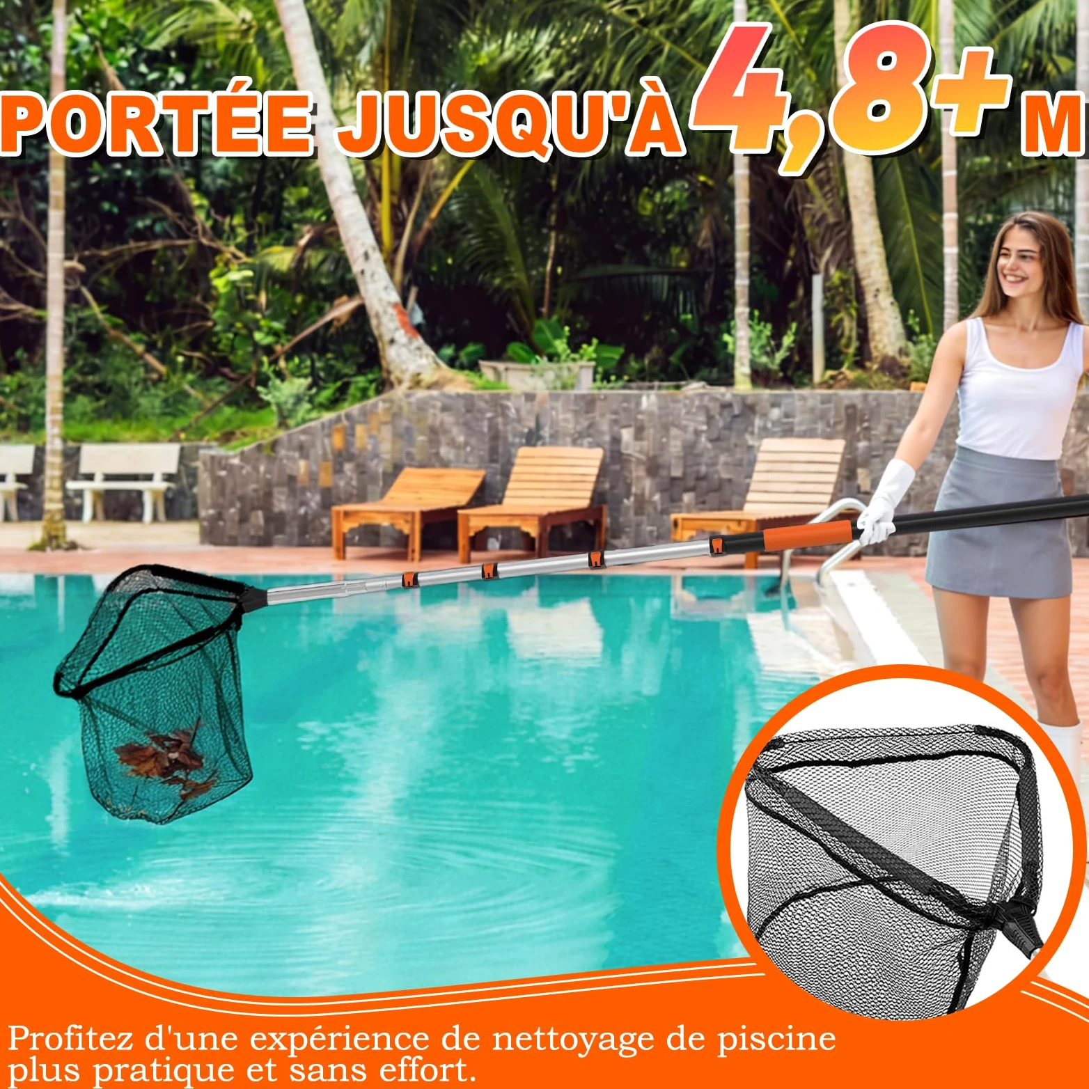 SISIUPASSIE ‌4,8m Epuisette Piscine Surface avec Manche Telescopique, ‌Épuisette Piscine Maille Extra Fine‌ pour Nettoyage Piscine, Epuisette pour Piscines Hors-Sol et Enterrées