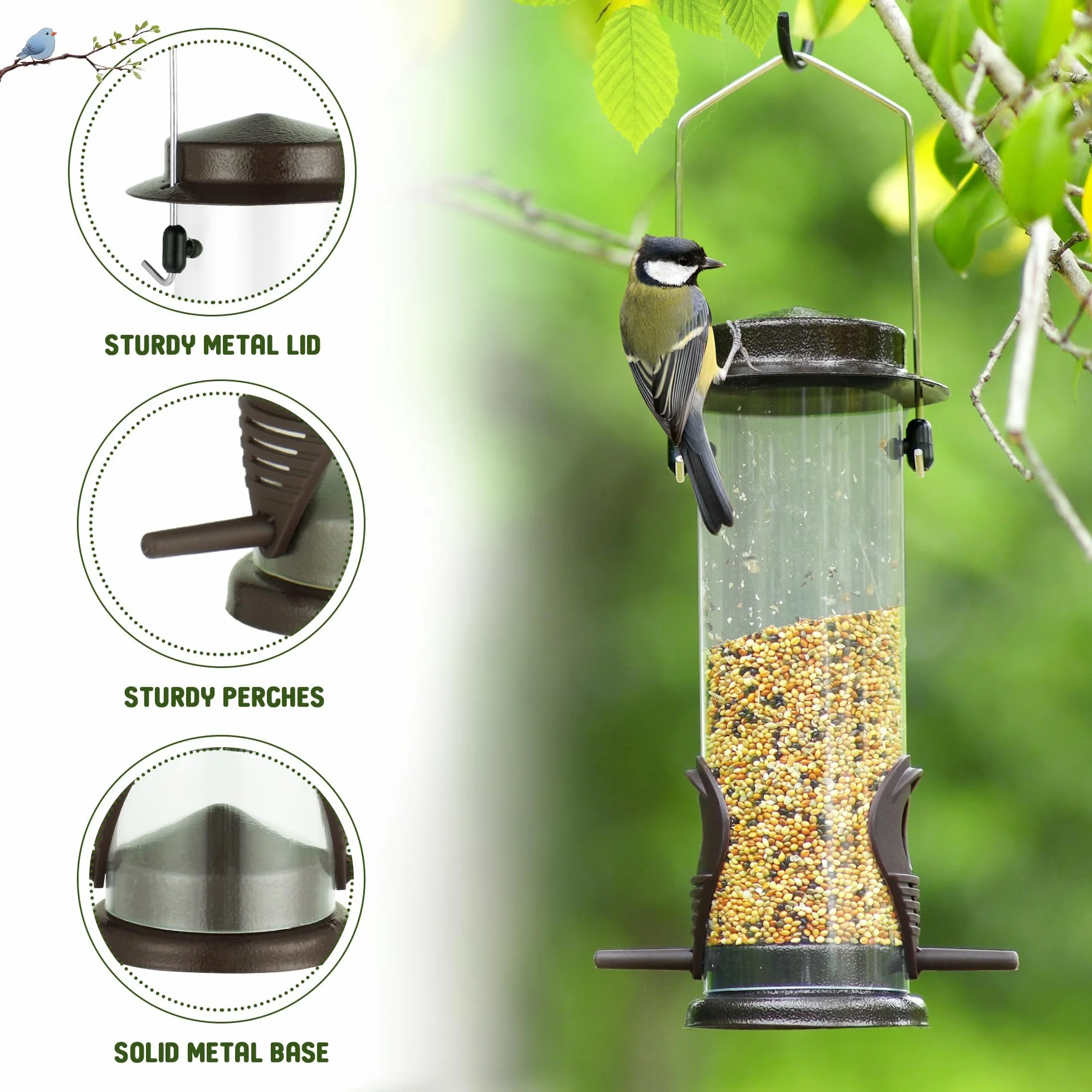 Lot de 2 mangeoires à oiseaux suspendre métal jardin - 2 ports - Résistantes intempéries - Café