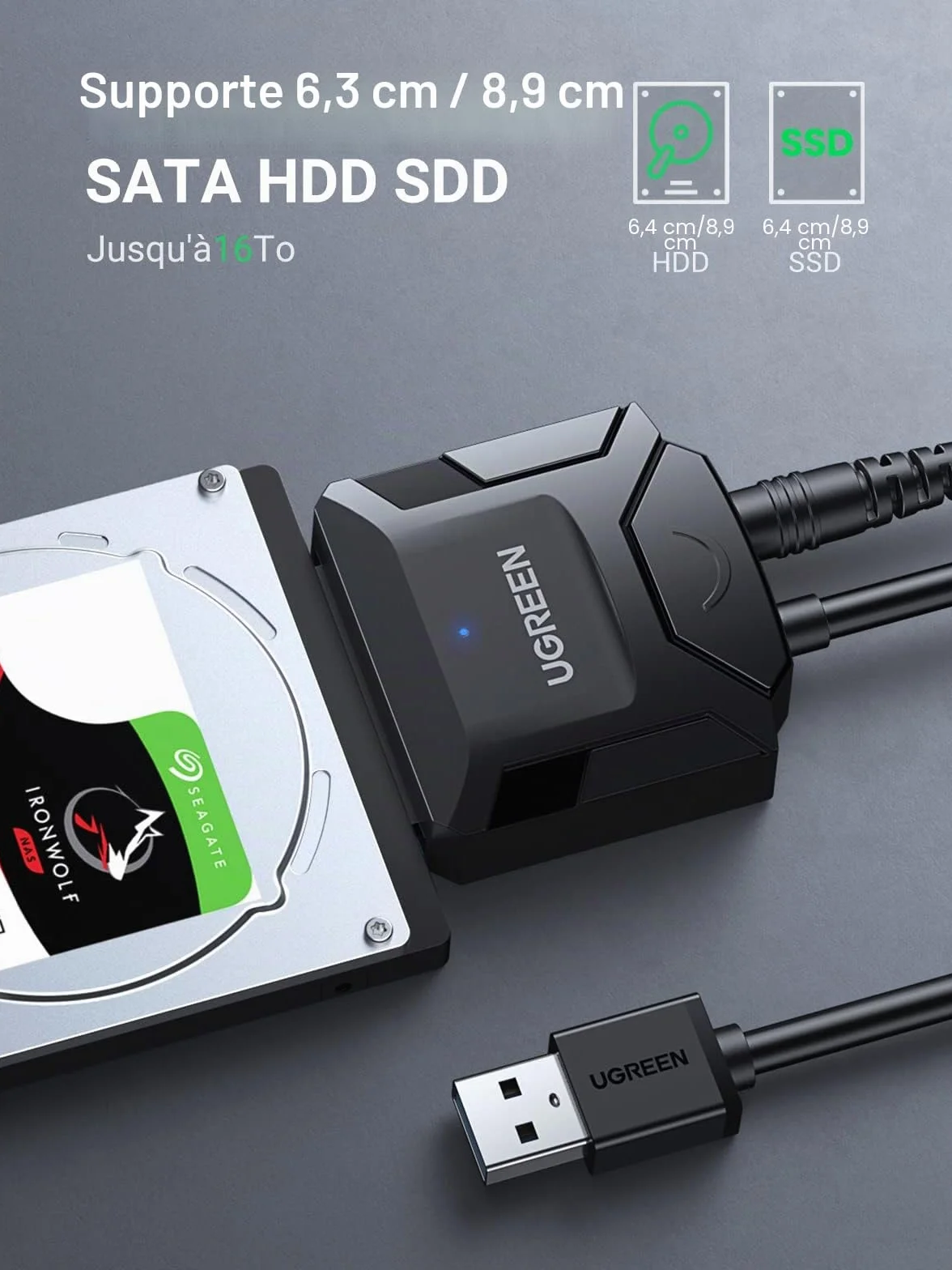 UGREEN Adaptateur USB 3.0 vers SATA Câble pour Disque Dur 2,5 3,5 Pouces HDD SSD avec Alimentation 12V 2A