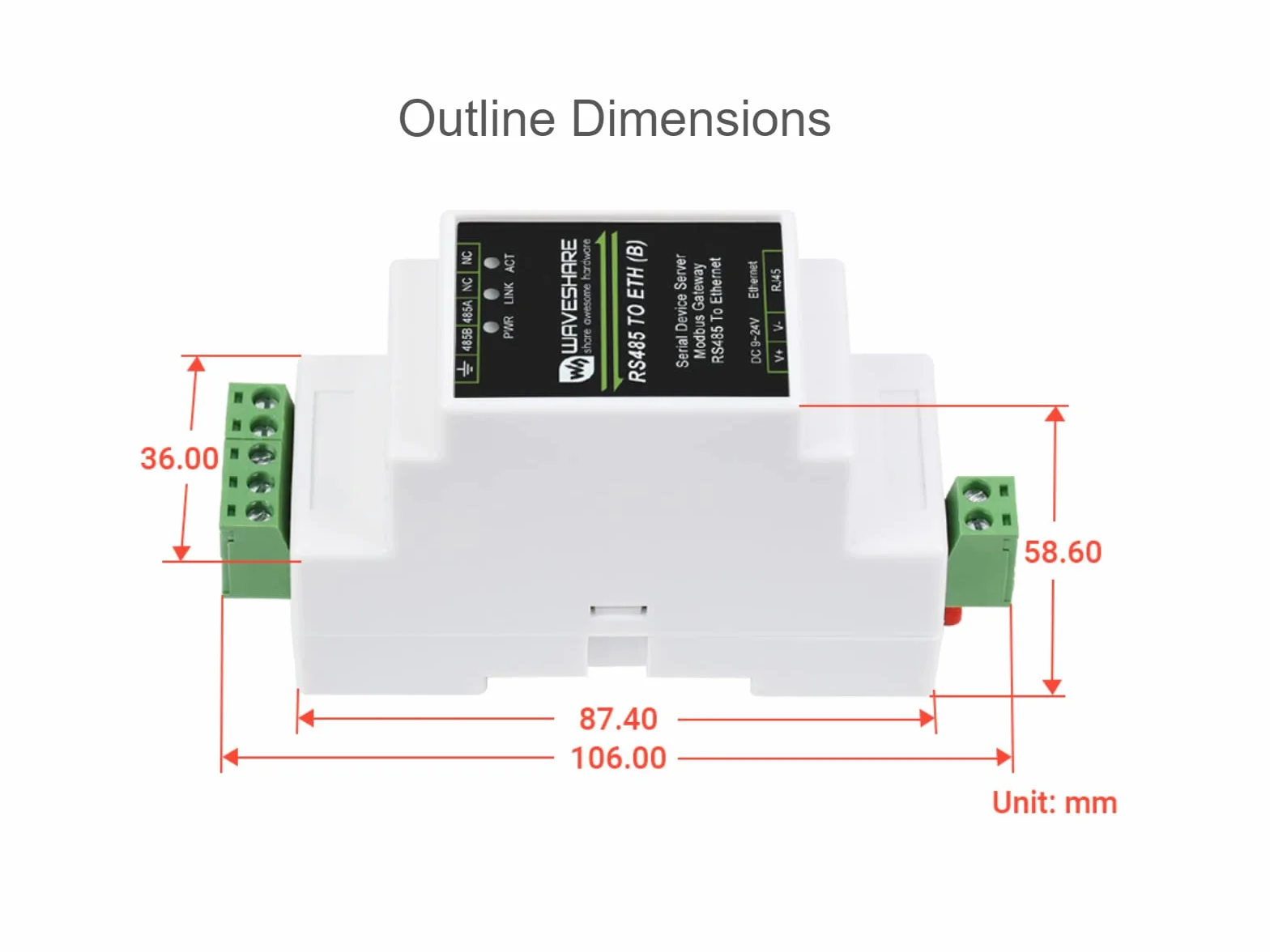 Waveshare RS485 to RJ45 Ethernet Converter Module, Industrial Rail-Mount RS485 Serial Server, TCP/IP to Serial, 300-115200 Baud, 10/100M Auto-Negotiation
